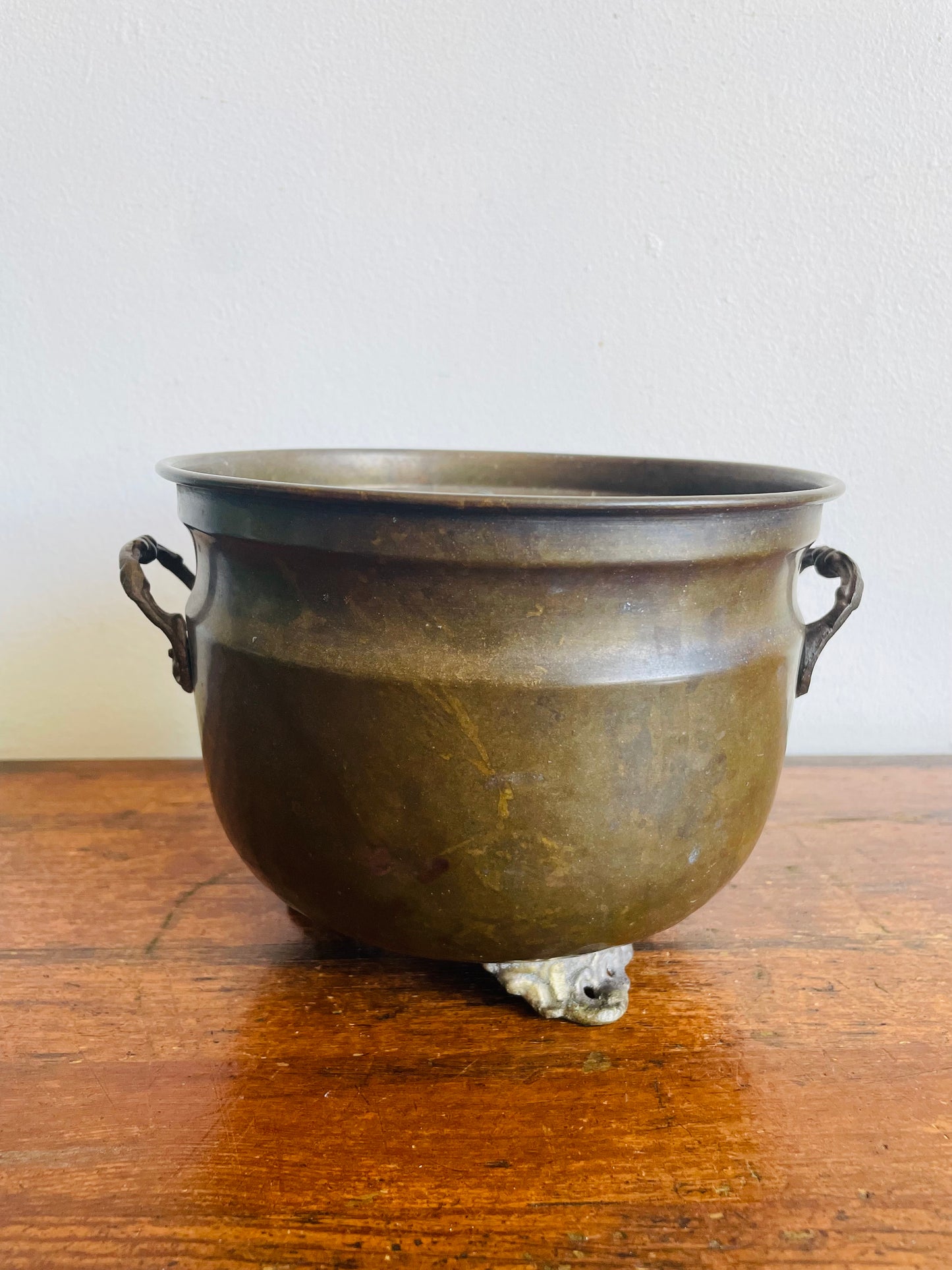 Vintage Solid Brass Footed 7" Planter Pot with Handles & Dark Patina