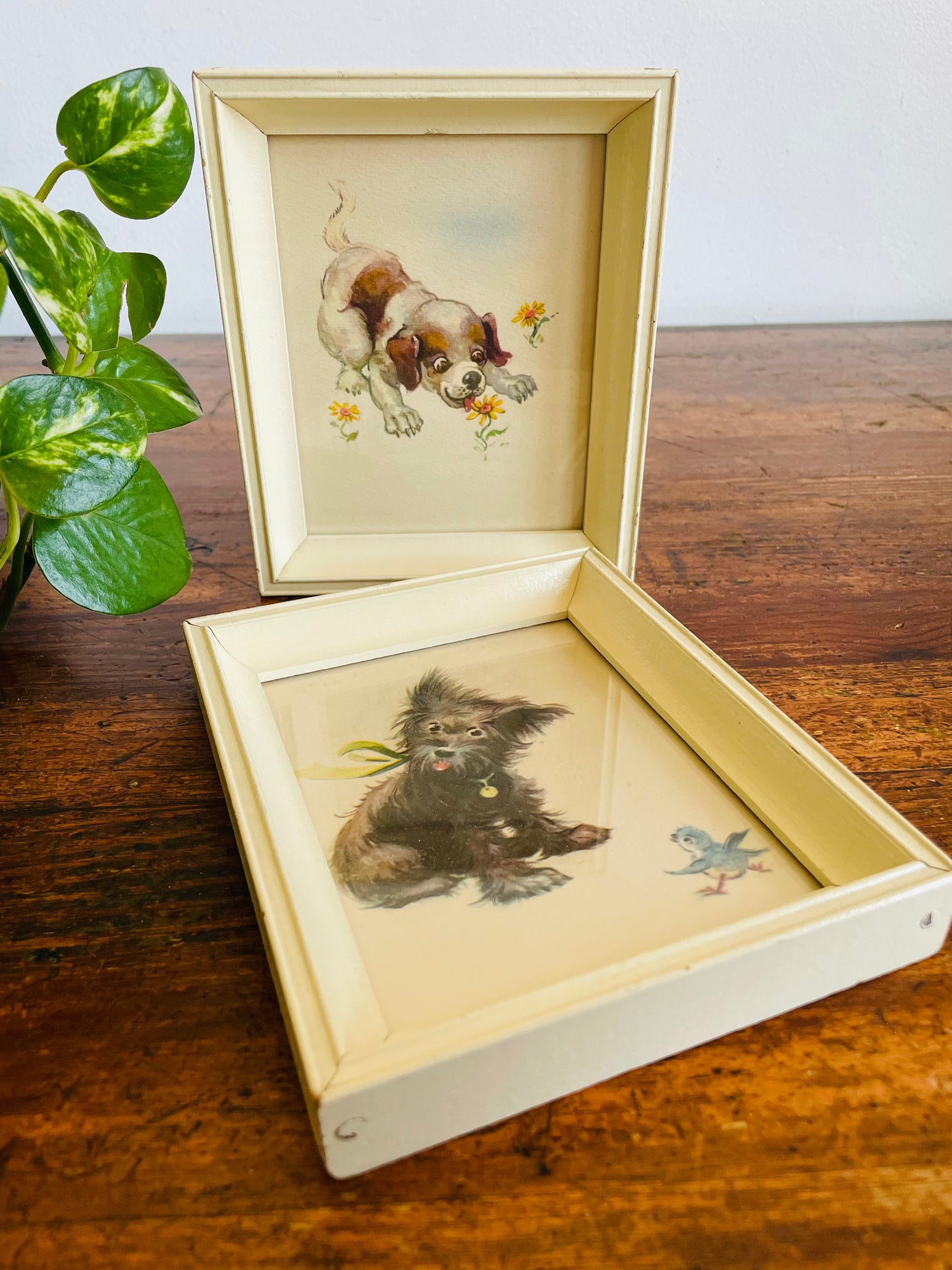 Vintage Adorable & Sweet Puppy Dog Print Pictures in Cream Frames - Set of 2