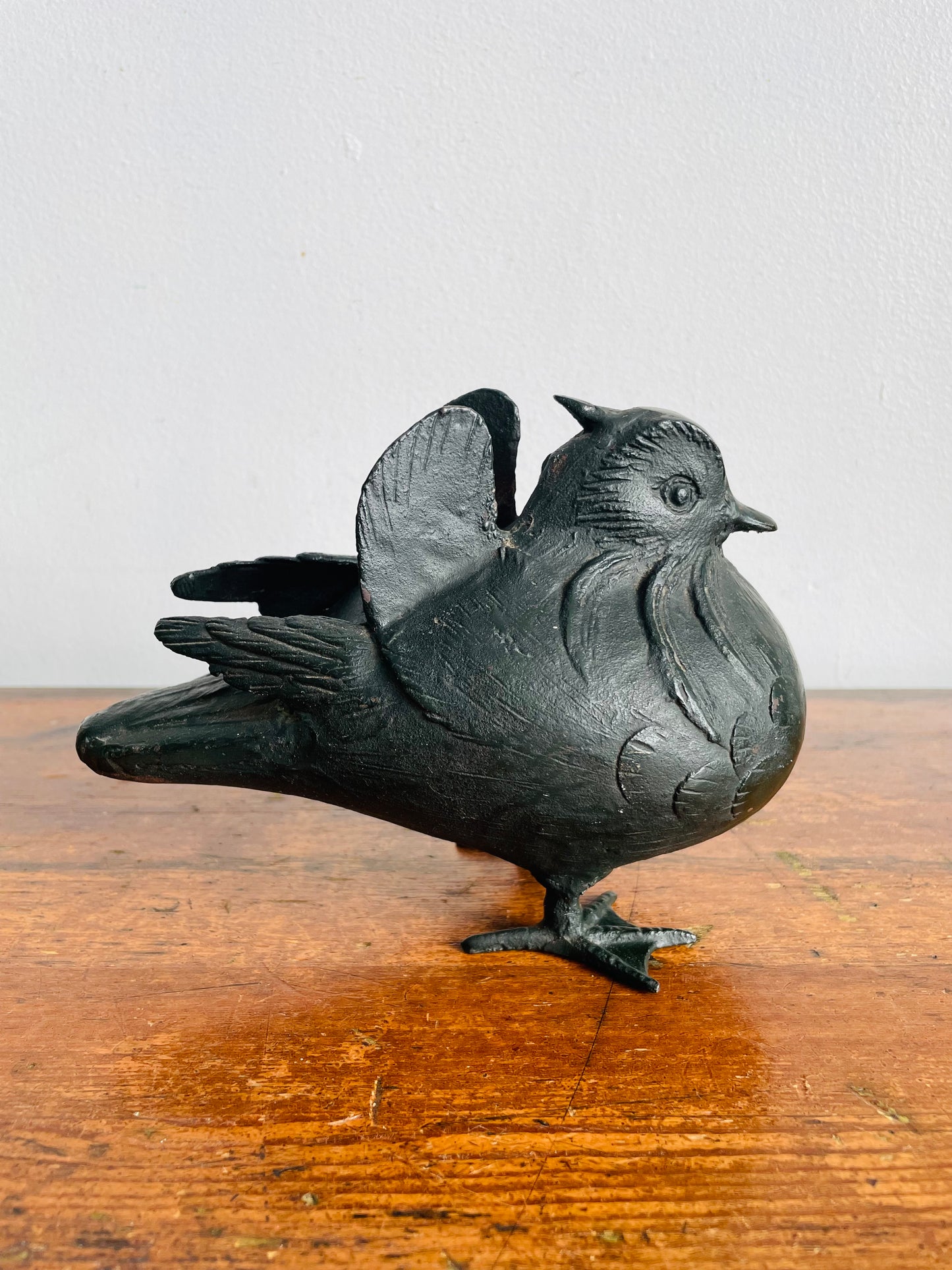 Vintage Solid & Heavy Black Cast Iron Metal Bird Statue - Made in Japan