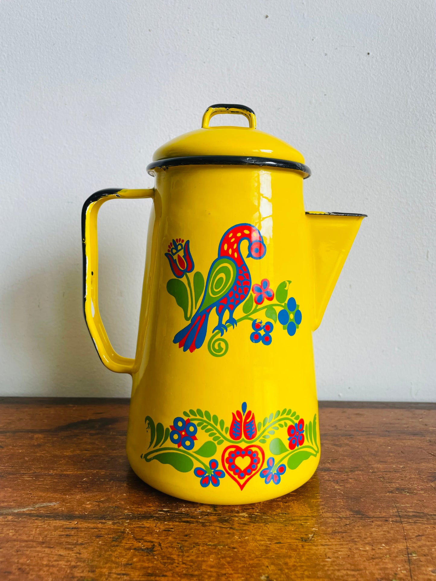 Vintage Bright Yellow Cinsa Enamel Coffee Pot Carafe Pitcher with Colourful Folk Art Bird & Flower Design - Made in Saltillo Mexico