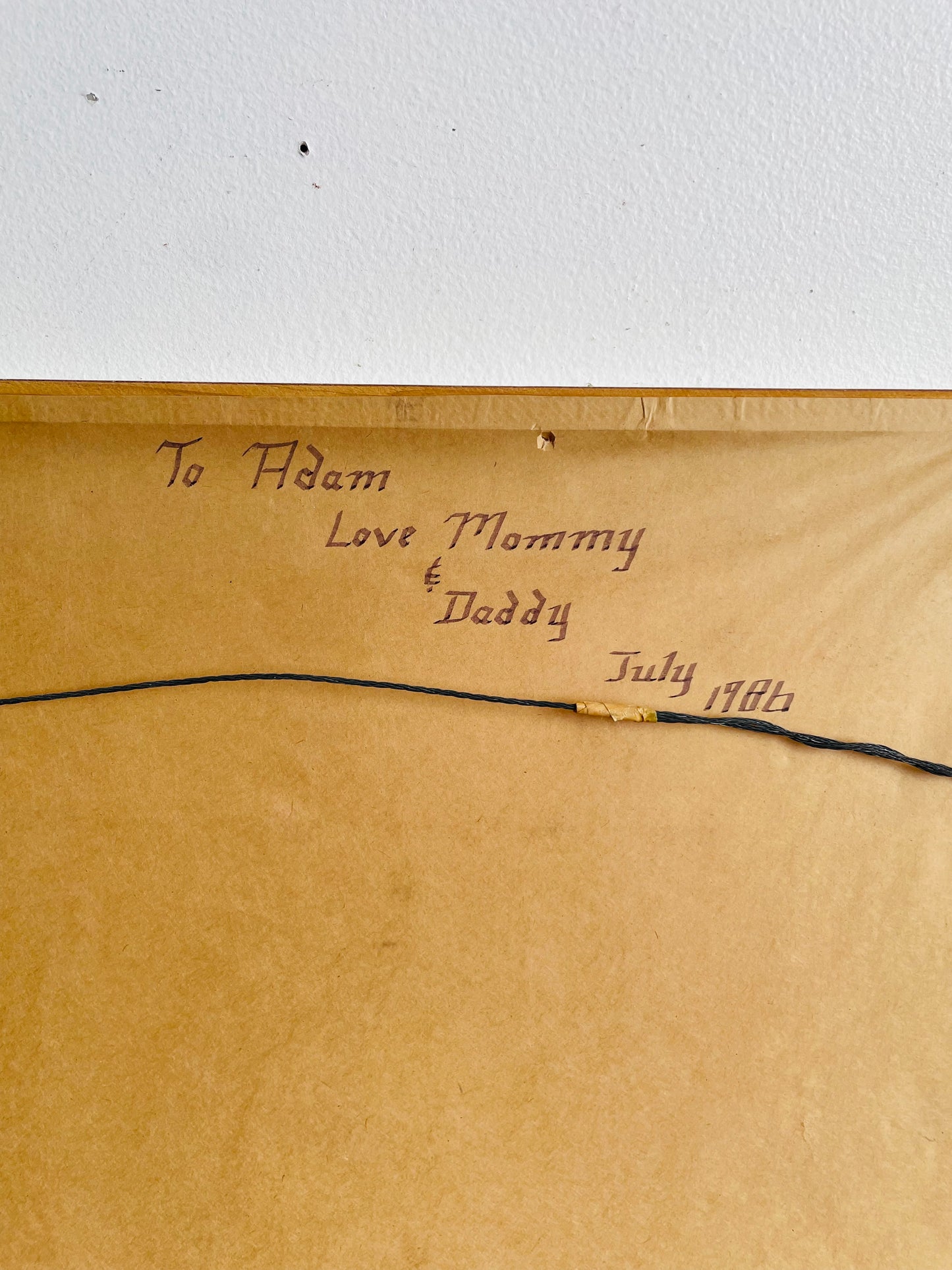 Vintage Absolutely Adorable Cheerful & Bright Crewel Embroidery Picture of Yellow House Under Rainbow - Signed on Back: To Adam Love Mommy & Daddy July 1986