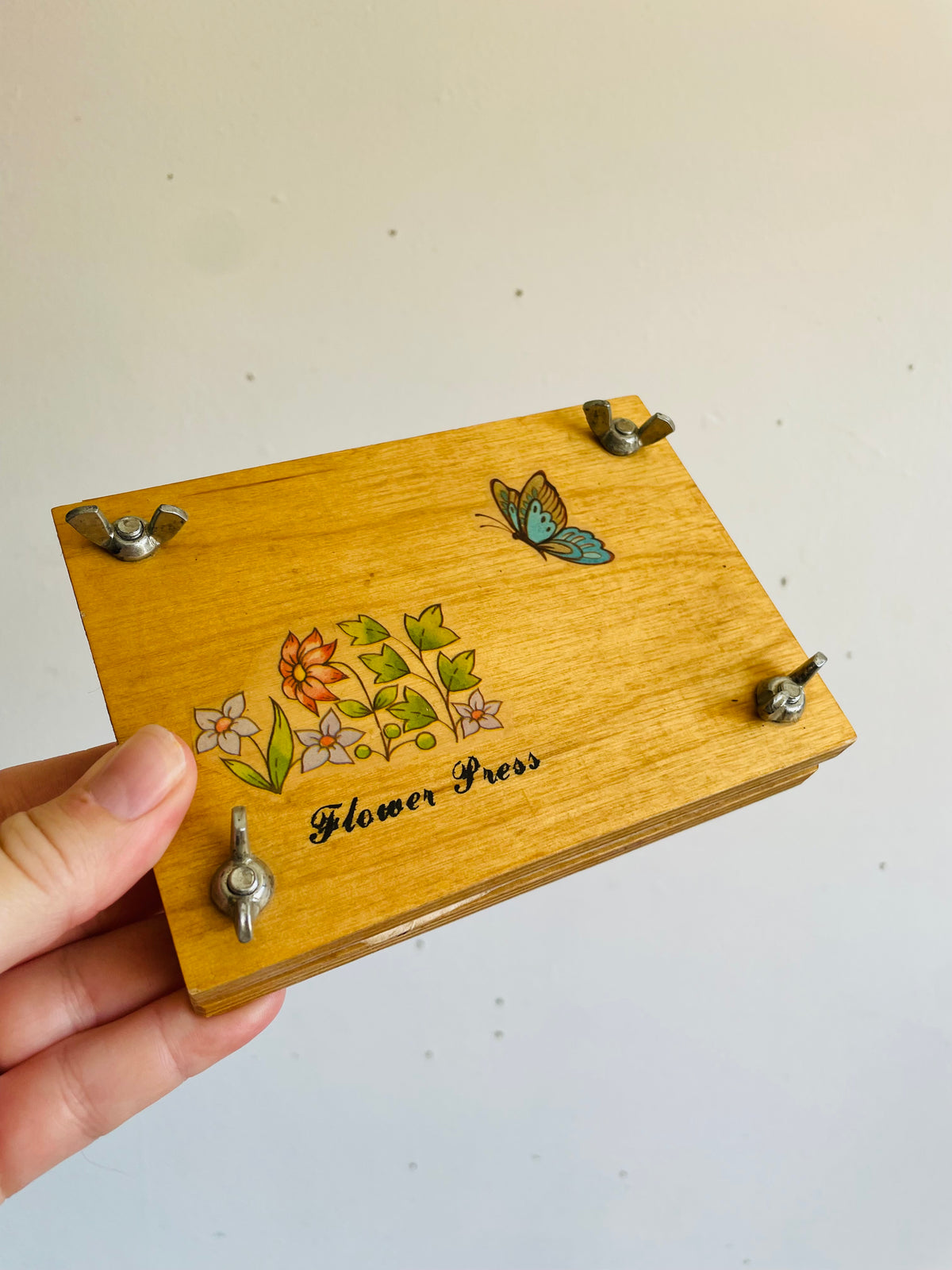 Vintage 1981 Rectangular Wood Flower Press with Floral & Butterfly Design & Wing Butterfly Screws - 5.5" x 4"