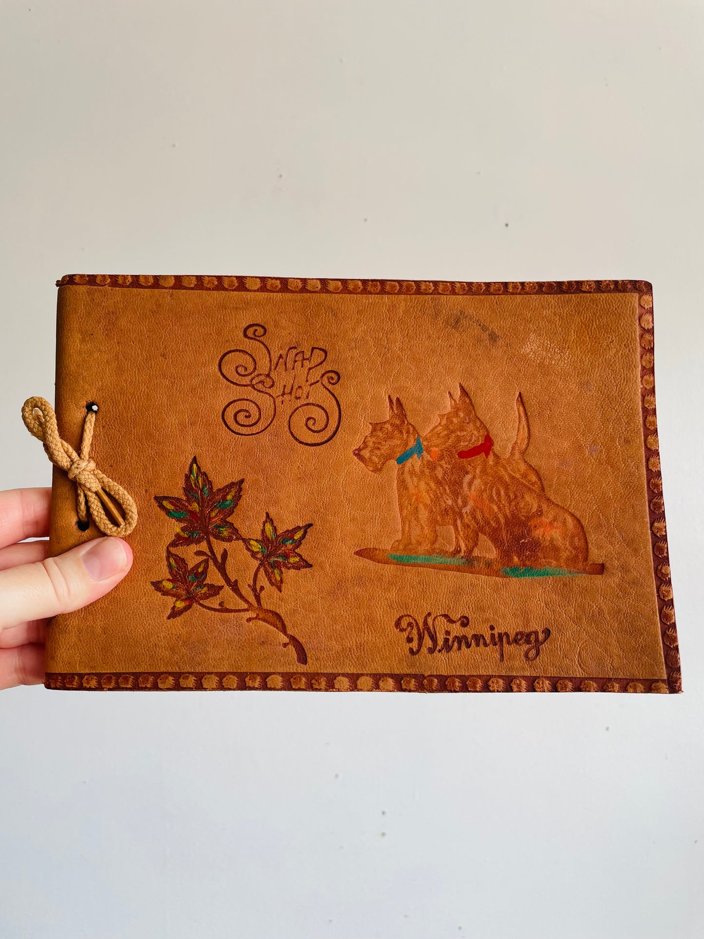 Vintage Leather Photo Album with Unused Black Black Pages Inside - Snapshots - Leaf & Dog Design - Souvenir from Winnipeg, Manitoba