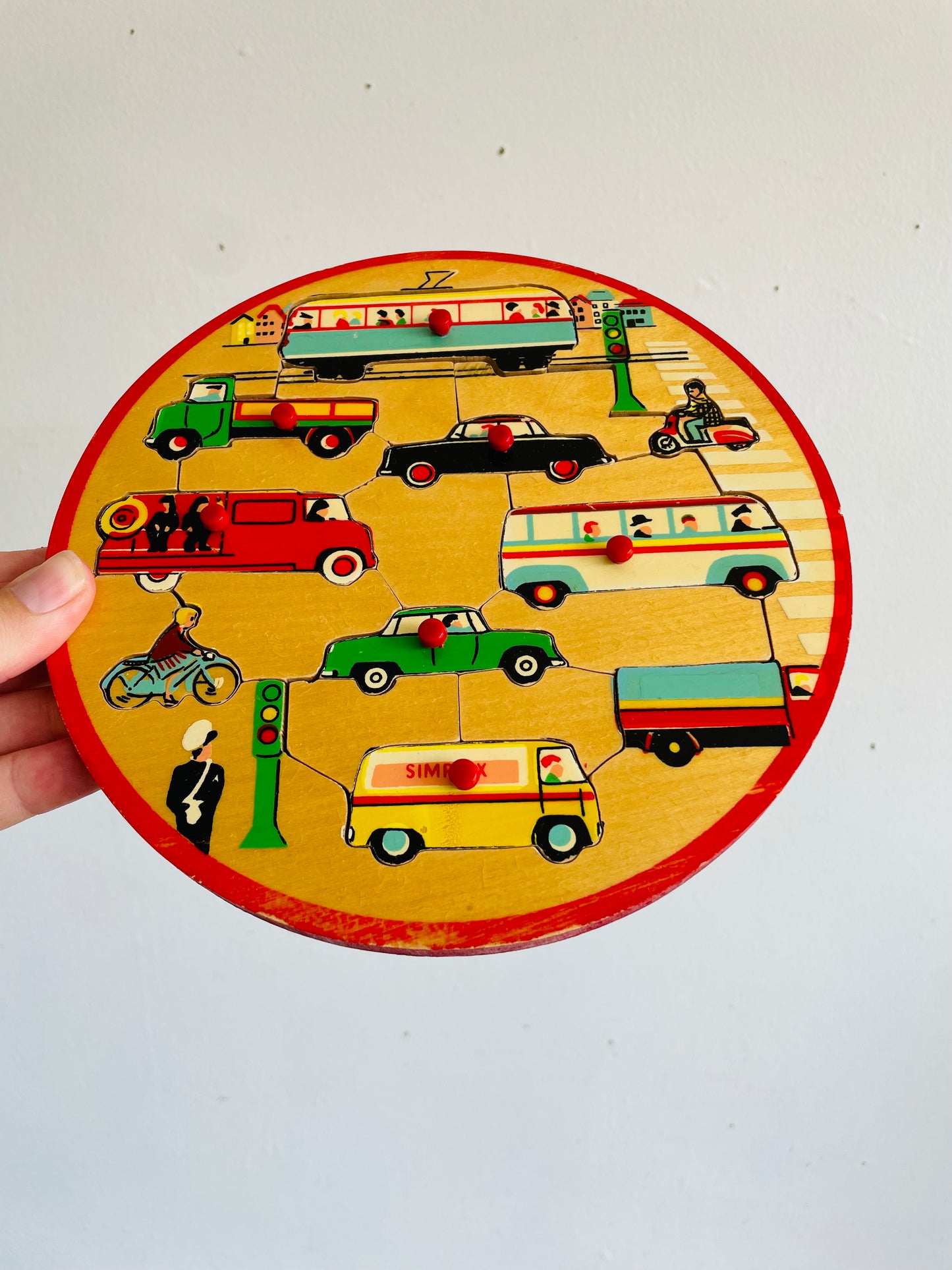 Vintage Simplex Round Wooden Knob Handle Puzzle with Automobile, Vehicle & Transit Design - Made in Holland