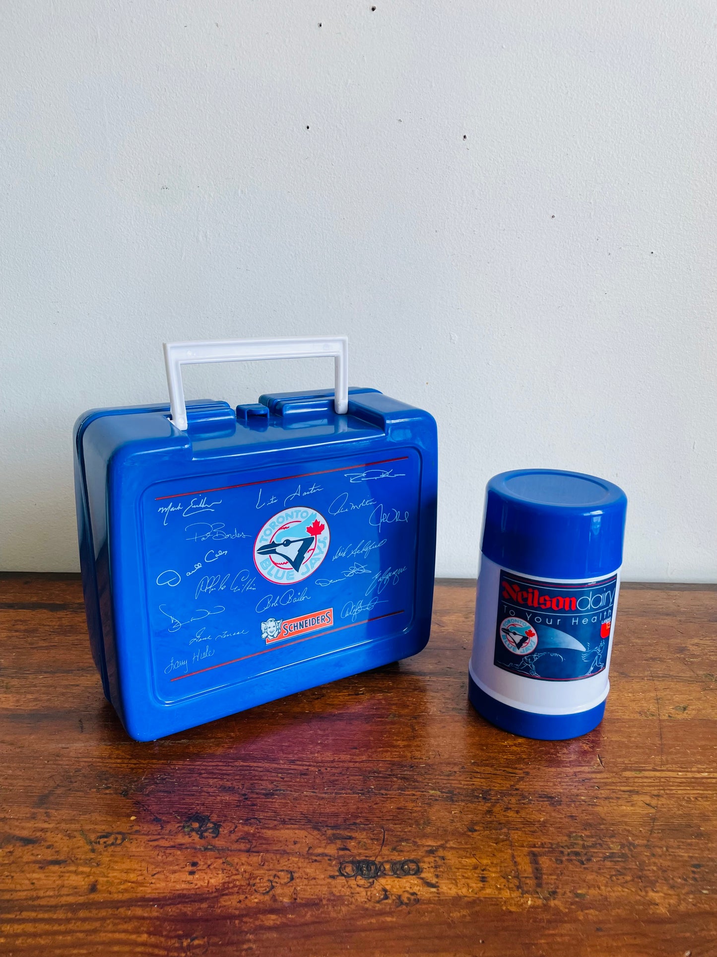 Vintage 1990s Promotional Toronto Blue Jays Baseball Plastic Lunch Box & Thermos - Neilson Dairy, Schneiders & Loblaws - Set of 2 Pieces