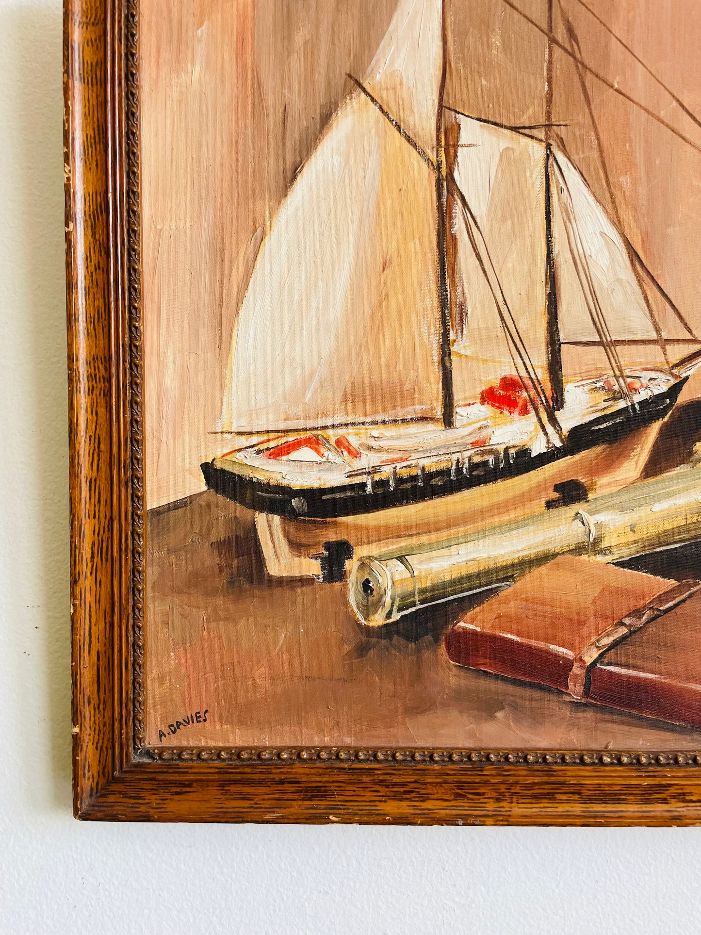 Vintage 1961 Original Art Nautical Still Life Painting Picture of Ship Captain Equipment - Artist Signed Anne Davies from Moncton, New Brunswick
