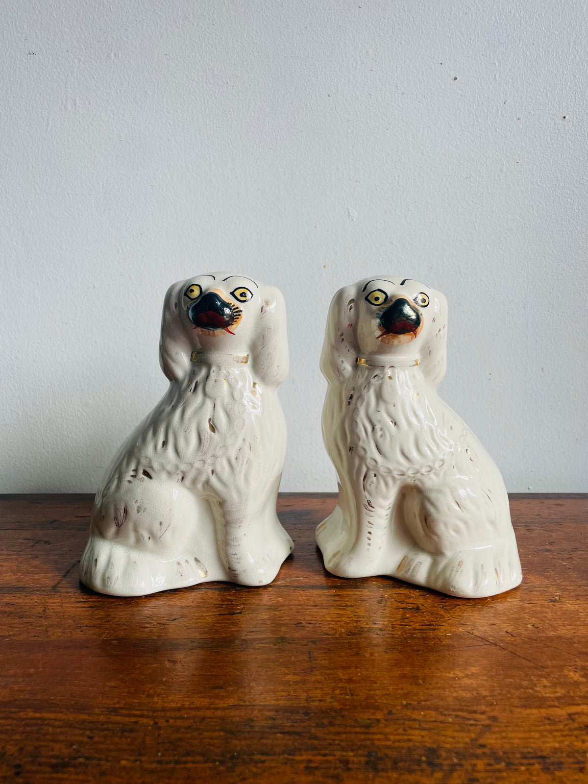 Vintage Staffordshire Fireplace Mantle Dogs - White Spaniel Statue Figurines - Set of 2 - Please Read