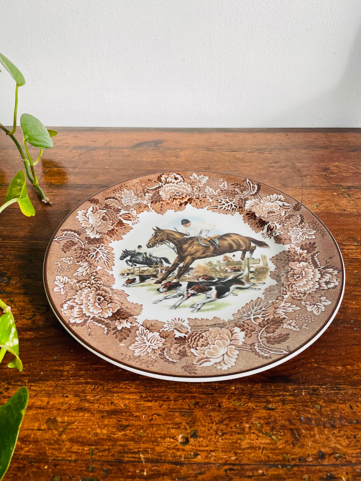 Vintage Wood & Sons Alpine White Ironstone Plate with Brown Flowers, Equestrian / Horse Riders & Dog Design - Made in England