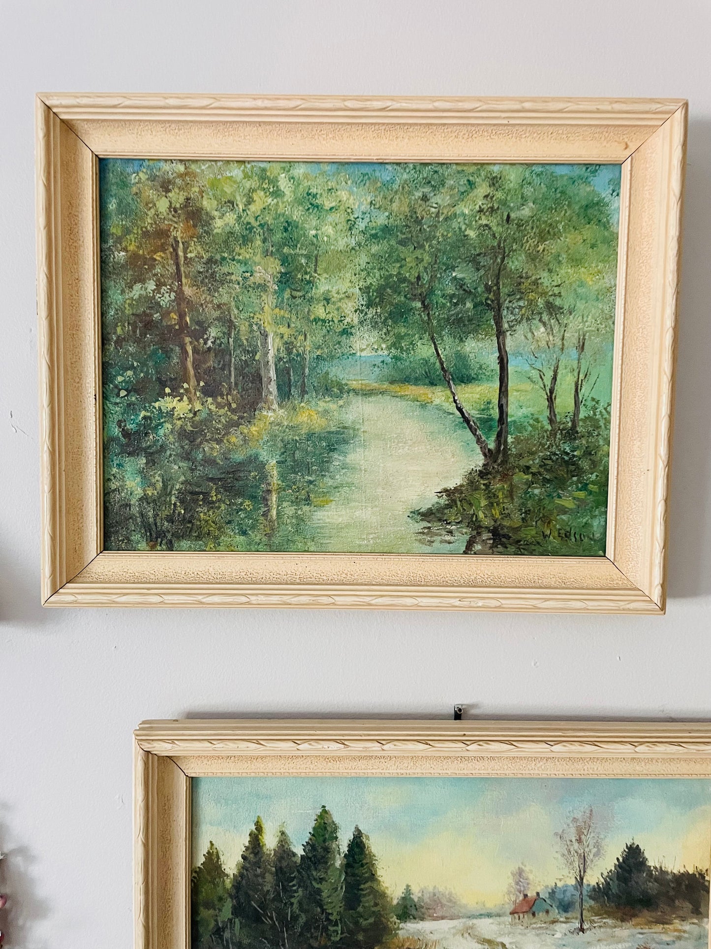 Original Art Painting in White Wood Frame - Signed by Artist - River Through Forest Scene