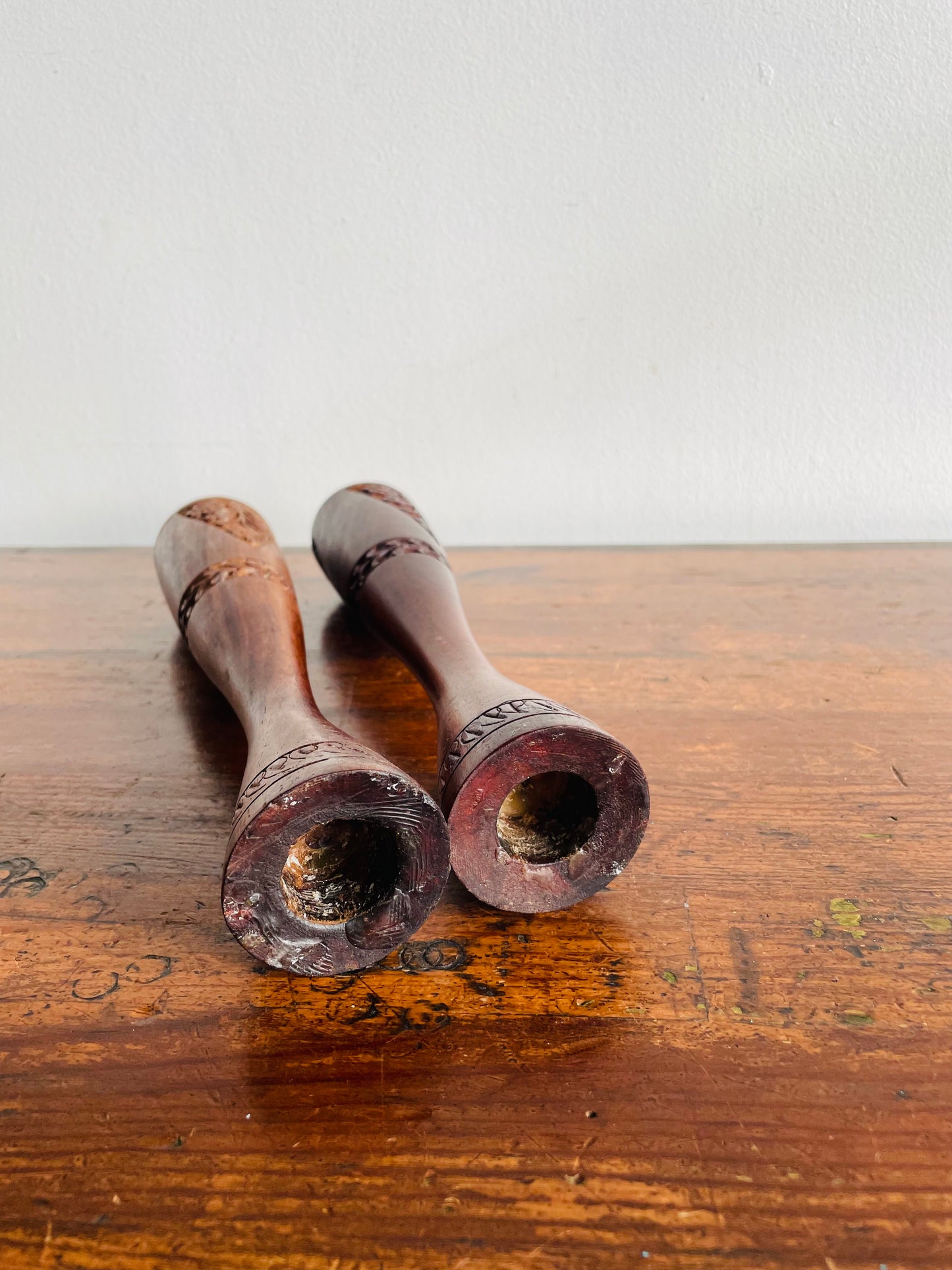 Tall & Shapely Indian Rosewood Candle Holders with Carved Floral Design - Set of 2 - Made in India