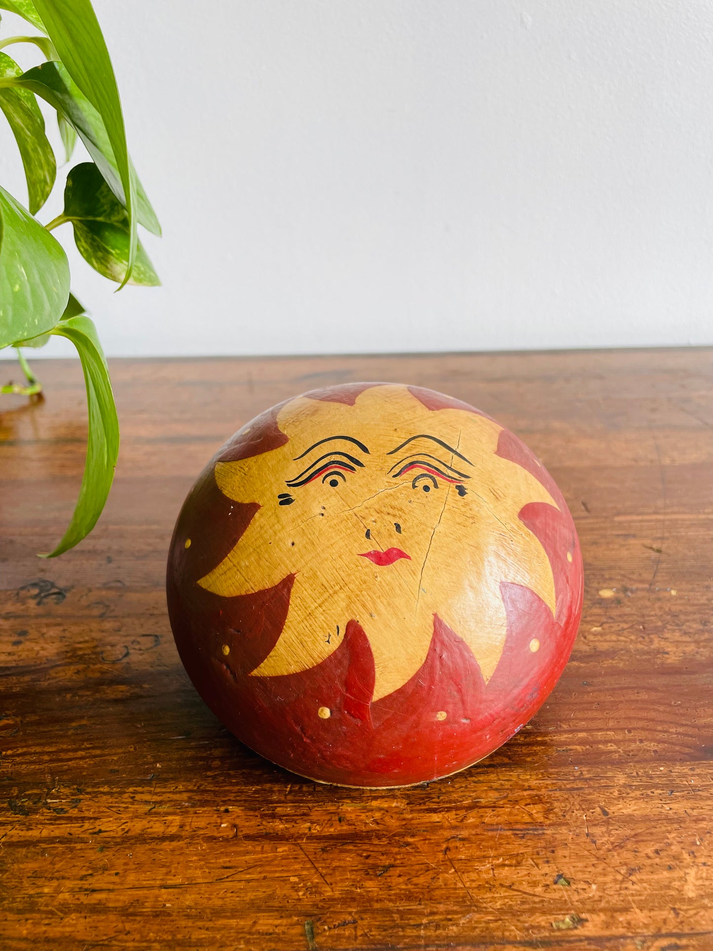 Round Wood Celestial Trinket Box with Sun Design