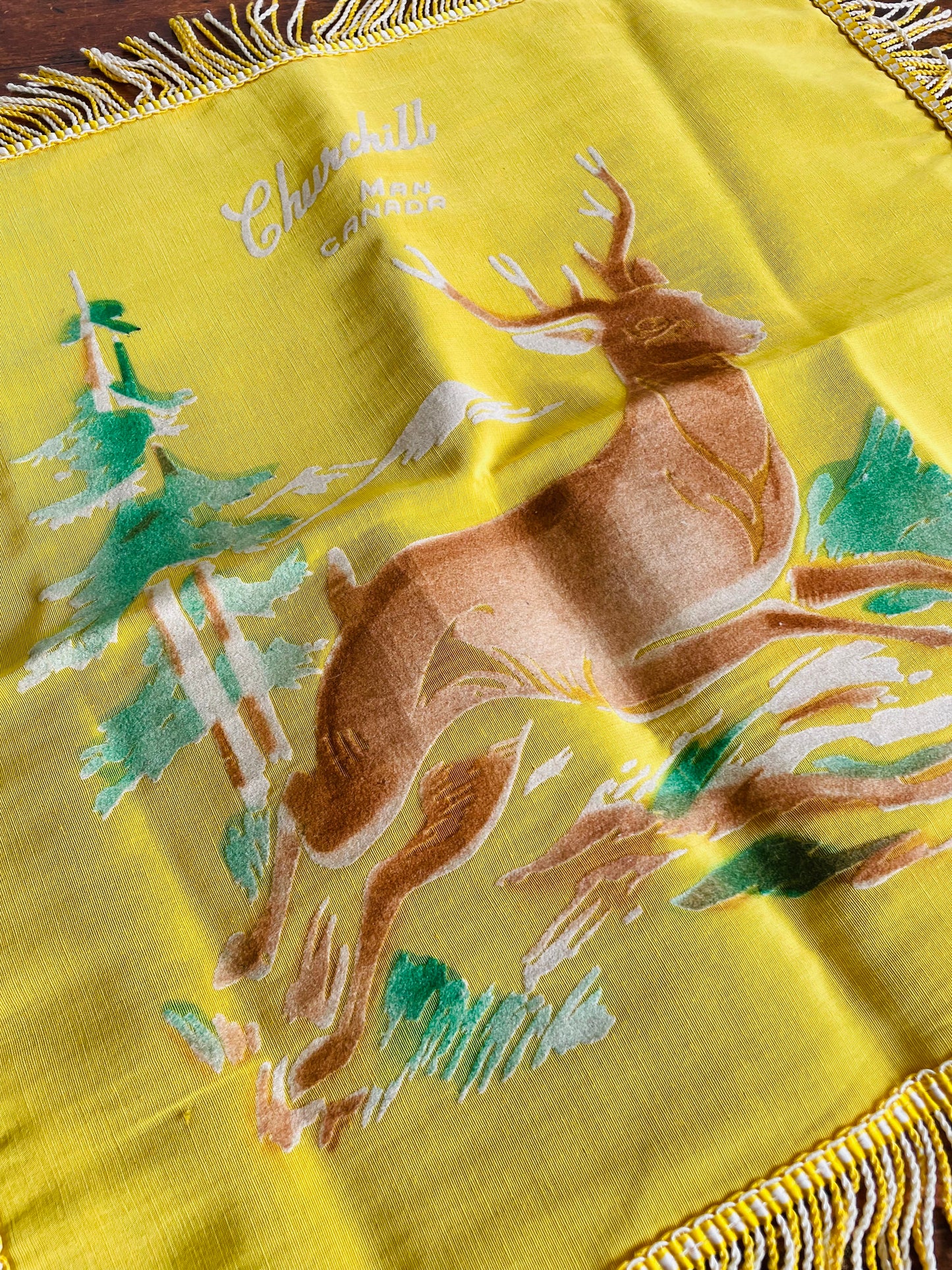 Vintage 1940s WW2 Churchill Manitoba Canada Navy Blue & Yellow Souvenir Throw Pillow Cushion Cover with Velvet Deer in Forest Design & Fringe - Pillowcase Only