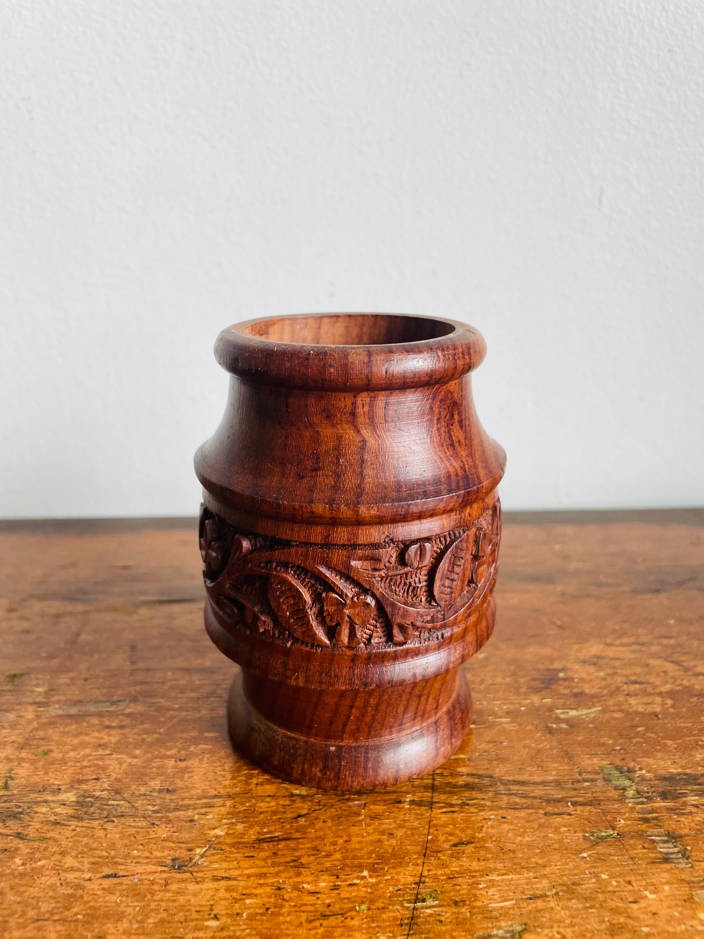 Vintage Carved Indian Rosewood / Sheesham Wood Cup Holder or Bud Vase - Great for Incense, Makeup Brushes, Dried Flowers, Pencils, Etc.