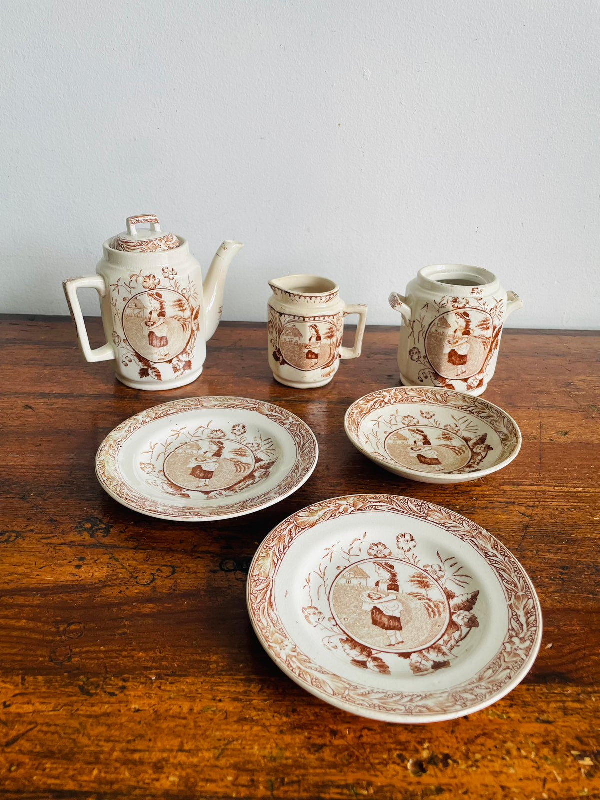 Antique Late Victorian 1880-1890 "Little May / Mae" Pattern 753 Sepia Brown Transferware Children's Toy Tea Set - Charles Allerton & Sons England - Plates, Bowl, Creamer, Biscuit Jar & Teapot - Set of 6 Pieces