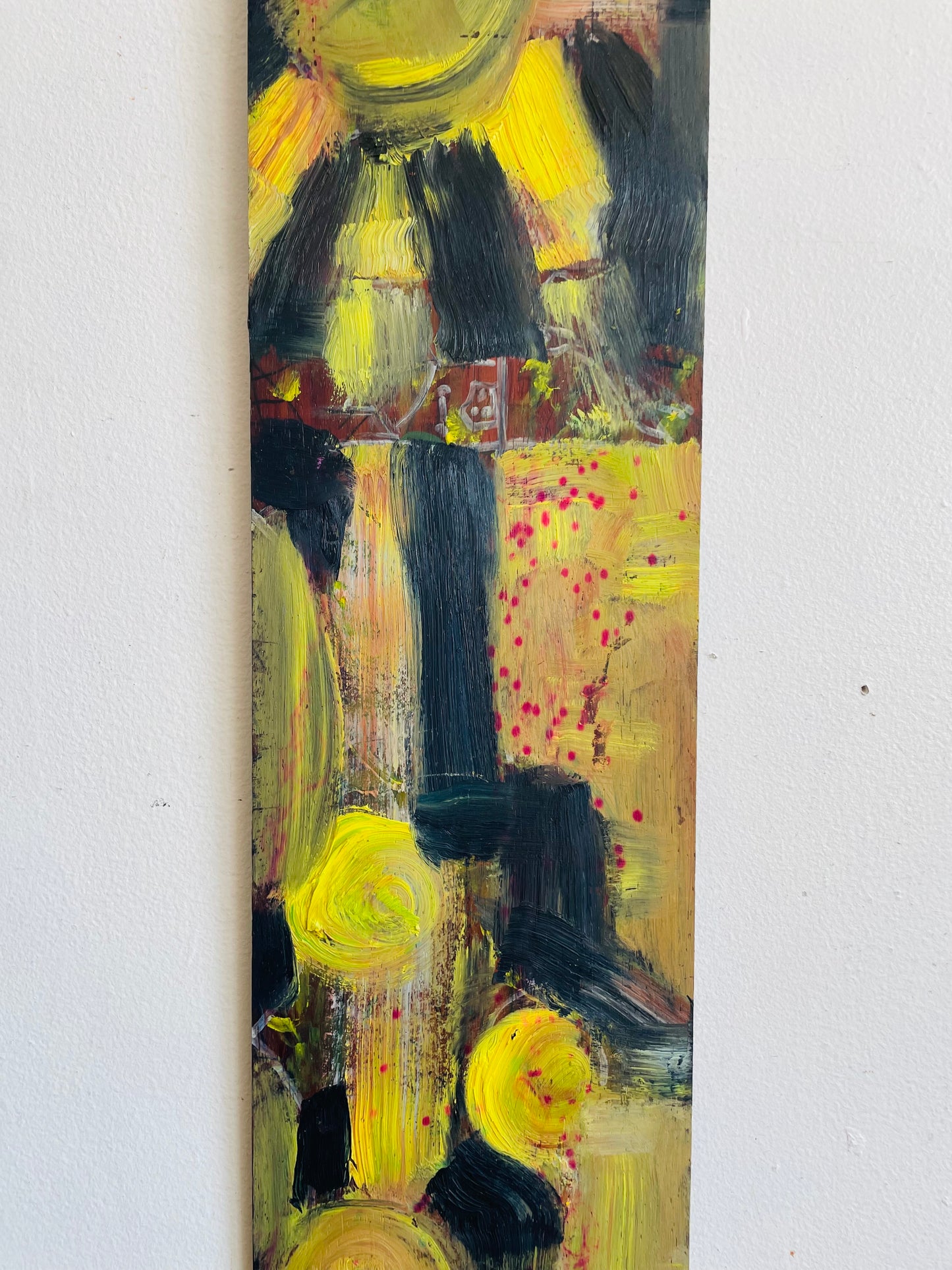 Original Art Yellow & Black Abstract Painting on Wood Board with Fish Hooks to Hang From Wall - Purchased from an Artist's Estate in Fort Erie, ON - No Shipping