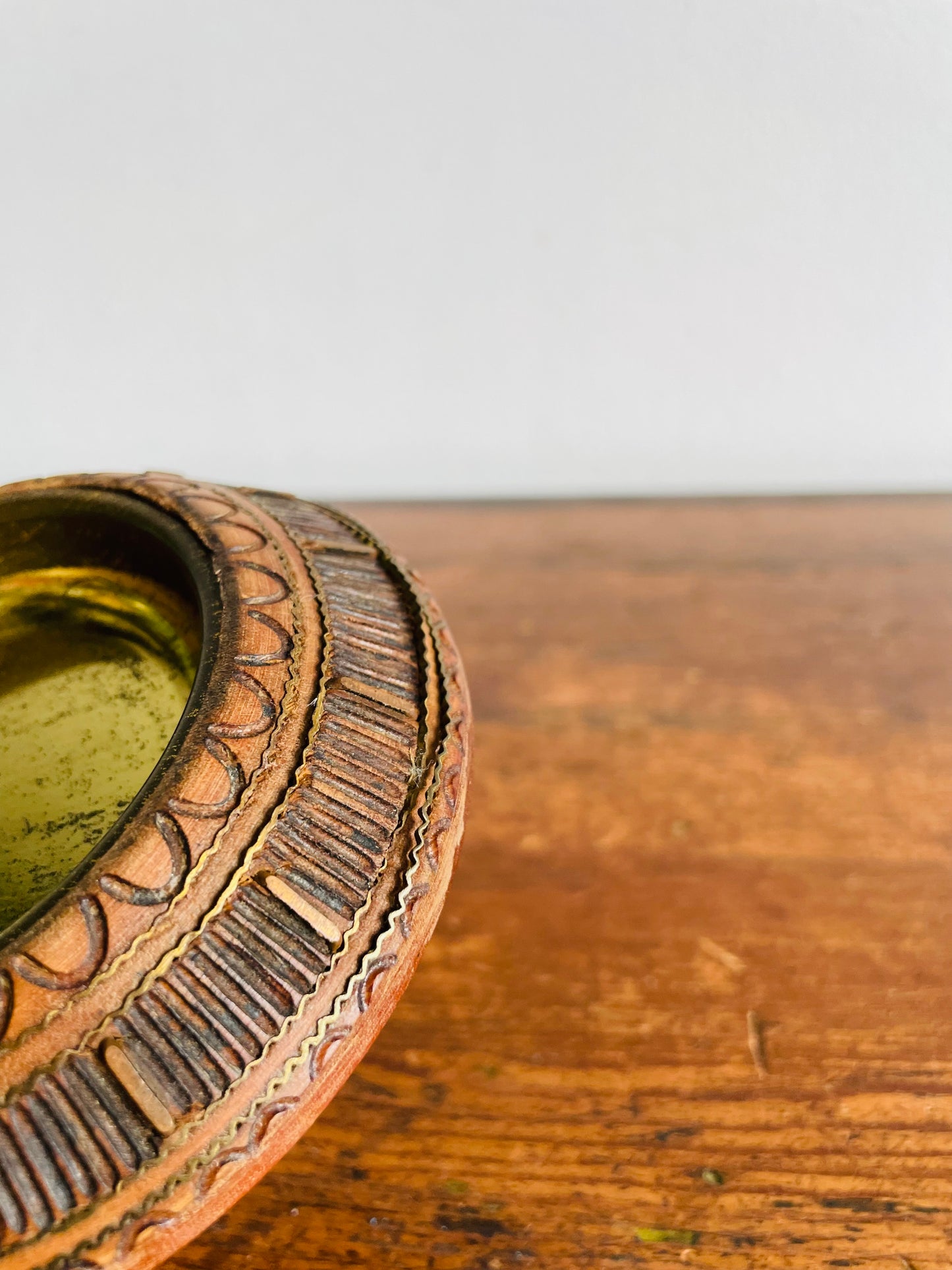 Carved Wood Trinket Bowl Dish with Inlay & Brass Insert