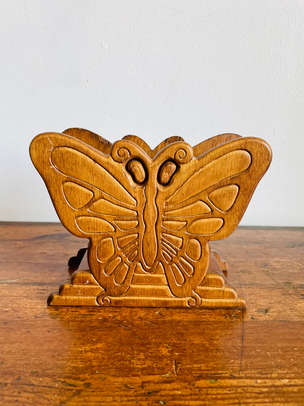 Vintage Carved Wood Butterfly Napkin Holder or Letter / Mail Organizer