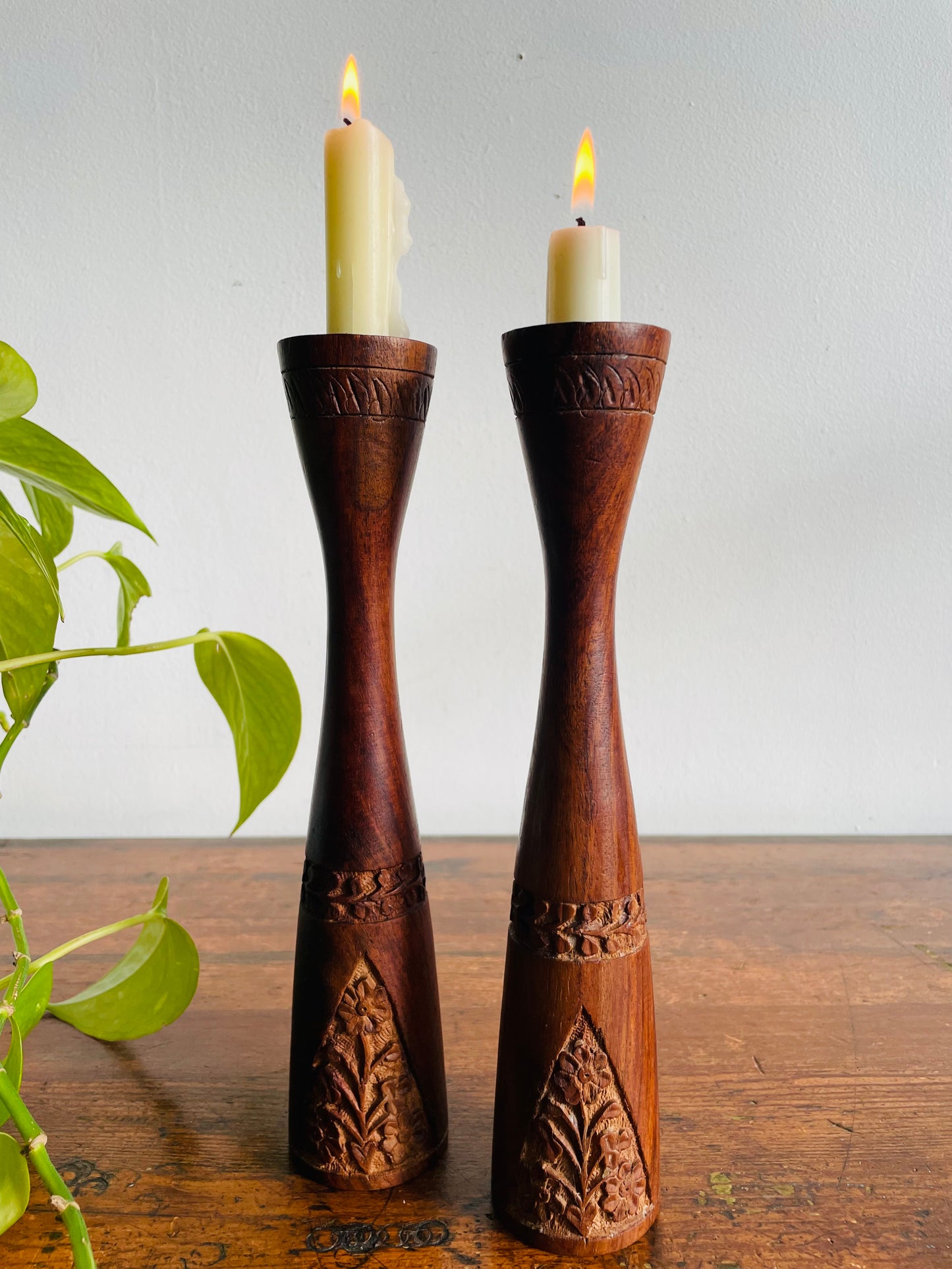 Tall & Shapely Indian Rosewood Candle Holders with Carved Floral Design - Set of 2 - Made in India