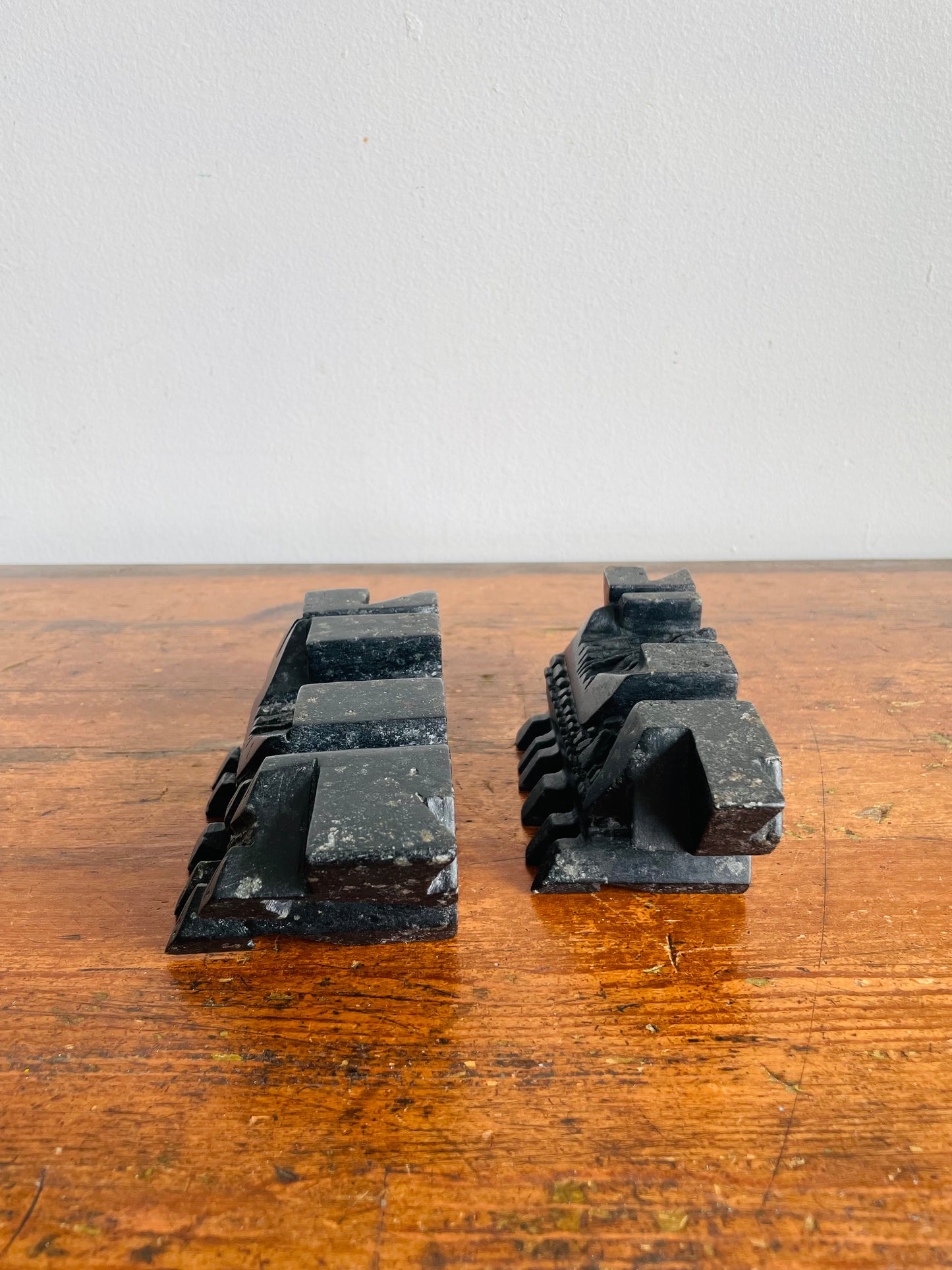 Vintage Carved Soapstone Bookends with Futuristic Abstract Design - Set of 2