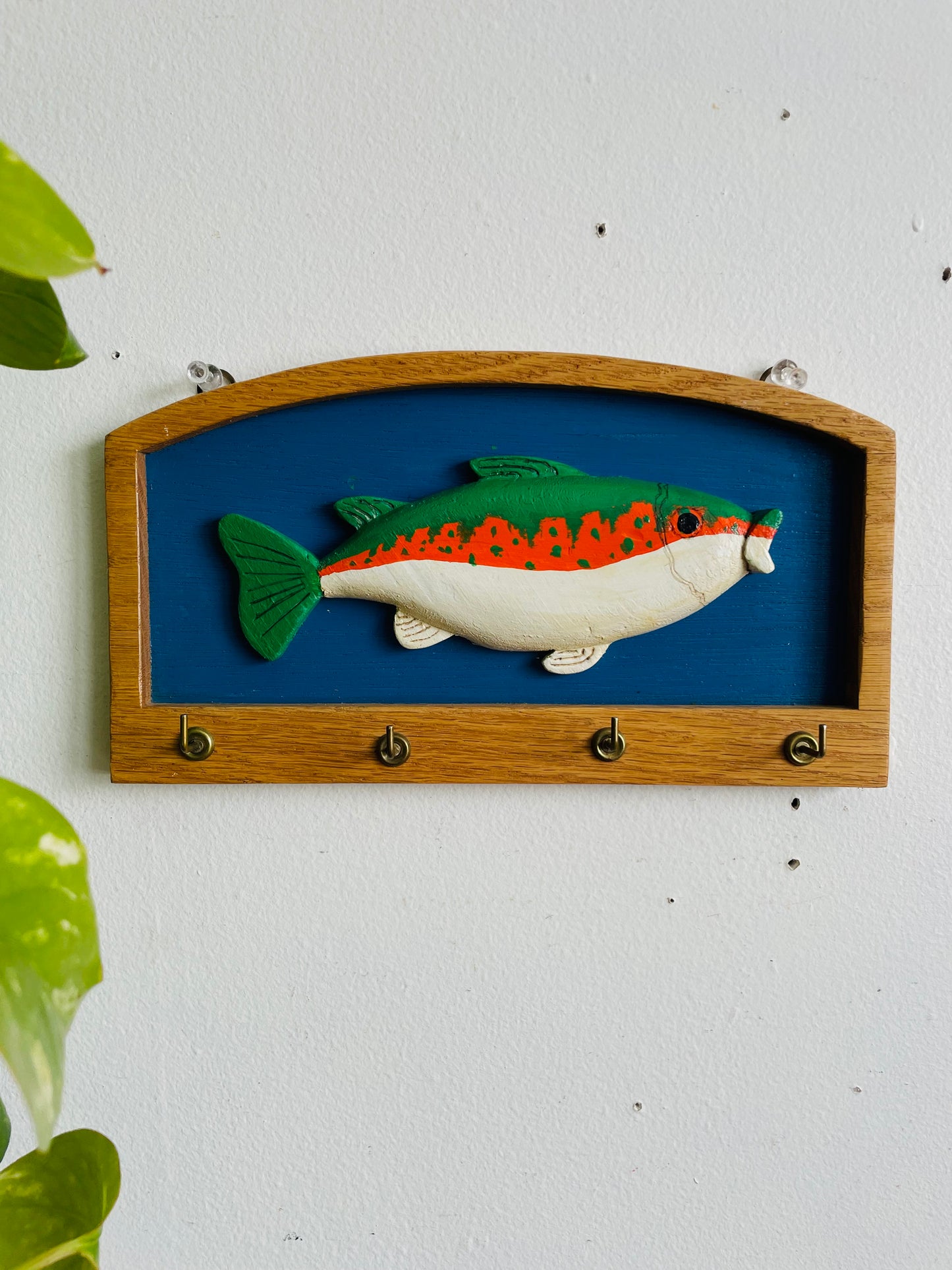 Vintage Handmade Wood Key Hook Rack with 4 Hooks - Brightly Coloured Rainbow Trout Fish Design - Artist Signed (2000)