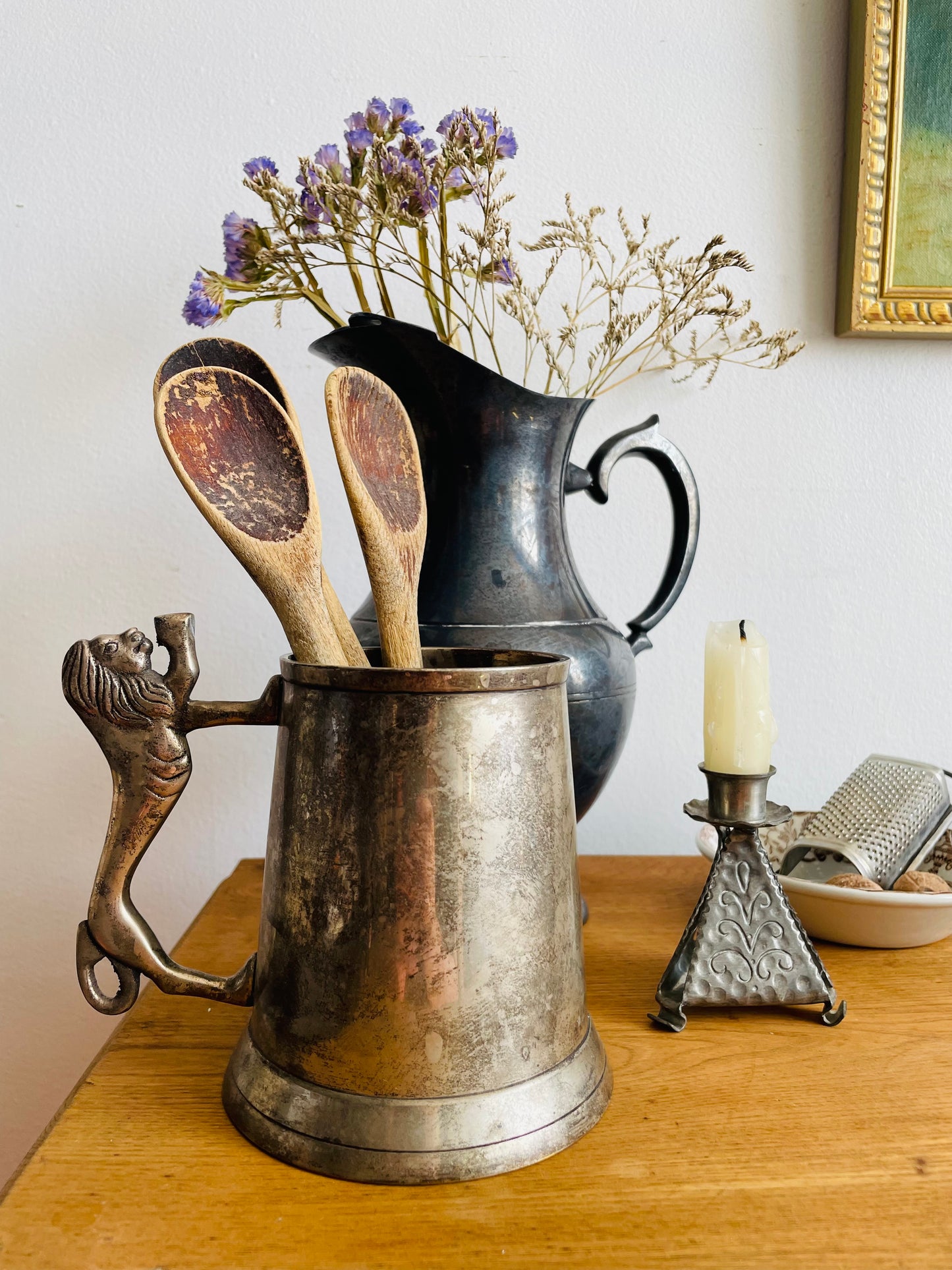 Vintage Sheffield England Pewter Silver Tankard Cup with Lion Handle
