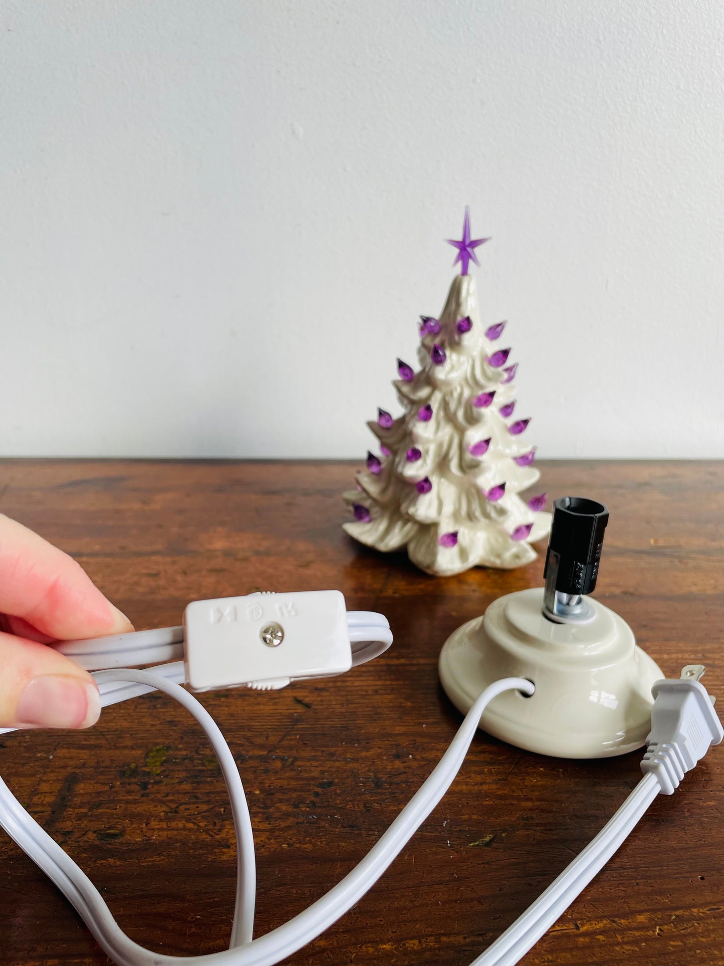 Miniature White Ceramic Light Up Christmas Tree with Purple Bulbs & Star (2005)