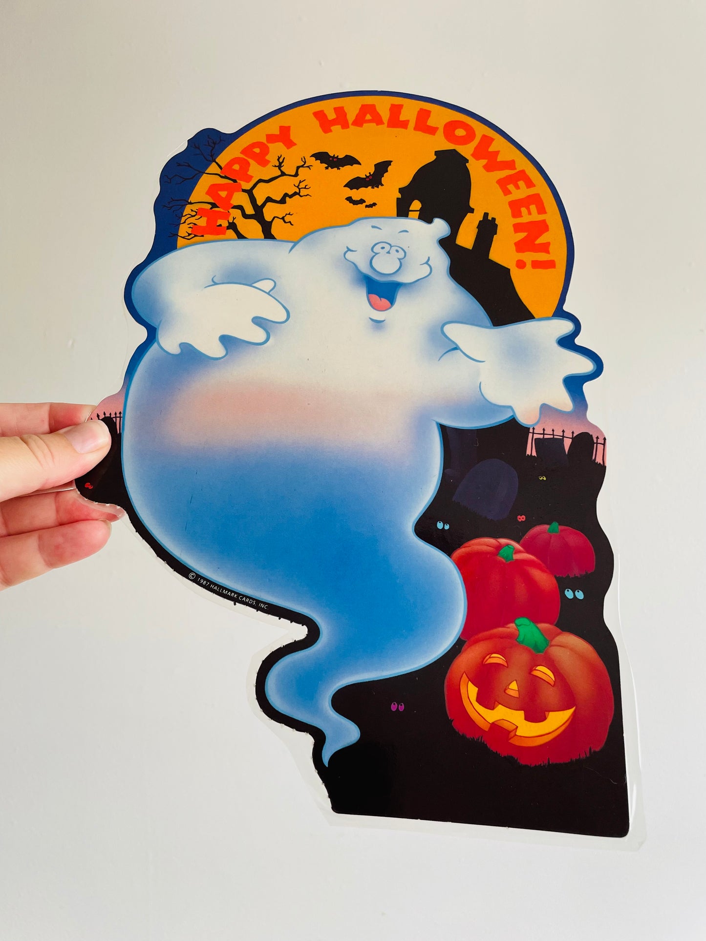 Laminated Cardboard Cutout Halloween Decoration - Happy Halloween! Sign with Ghost - 1987 Hallmark