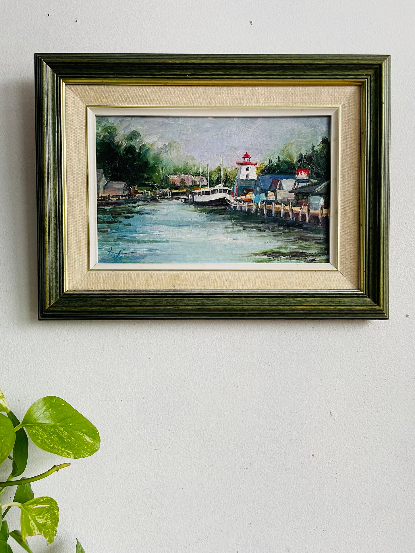 Vintage Original Art Painting Picture of Boats Along Pier in Green Wood Frame - Artist Signed