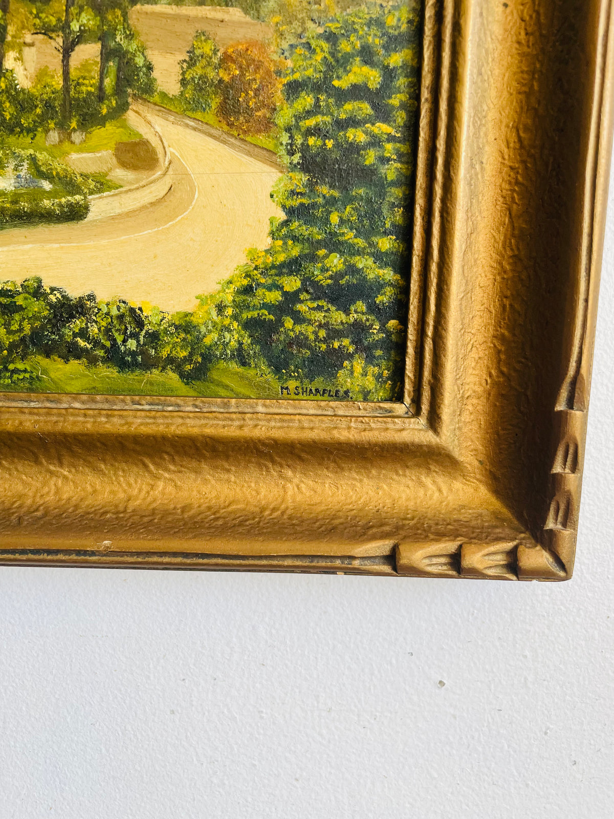 Vintage Original Art Painting in Gold Frame - English Country Scene with House & Trees on Winding Road - Artist Signed M. Sharples - Image Recreated from a Postcard