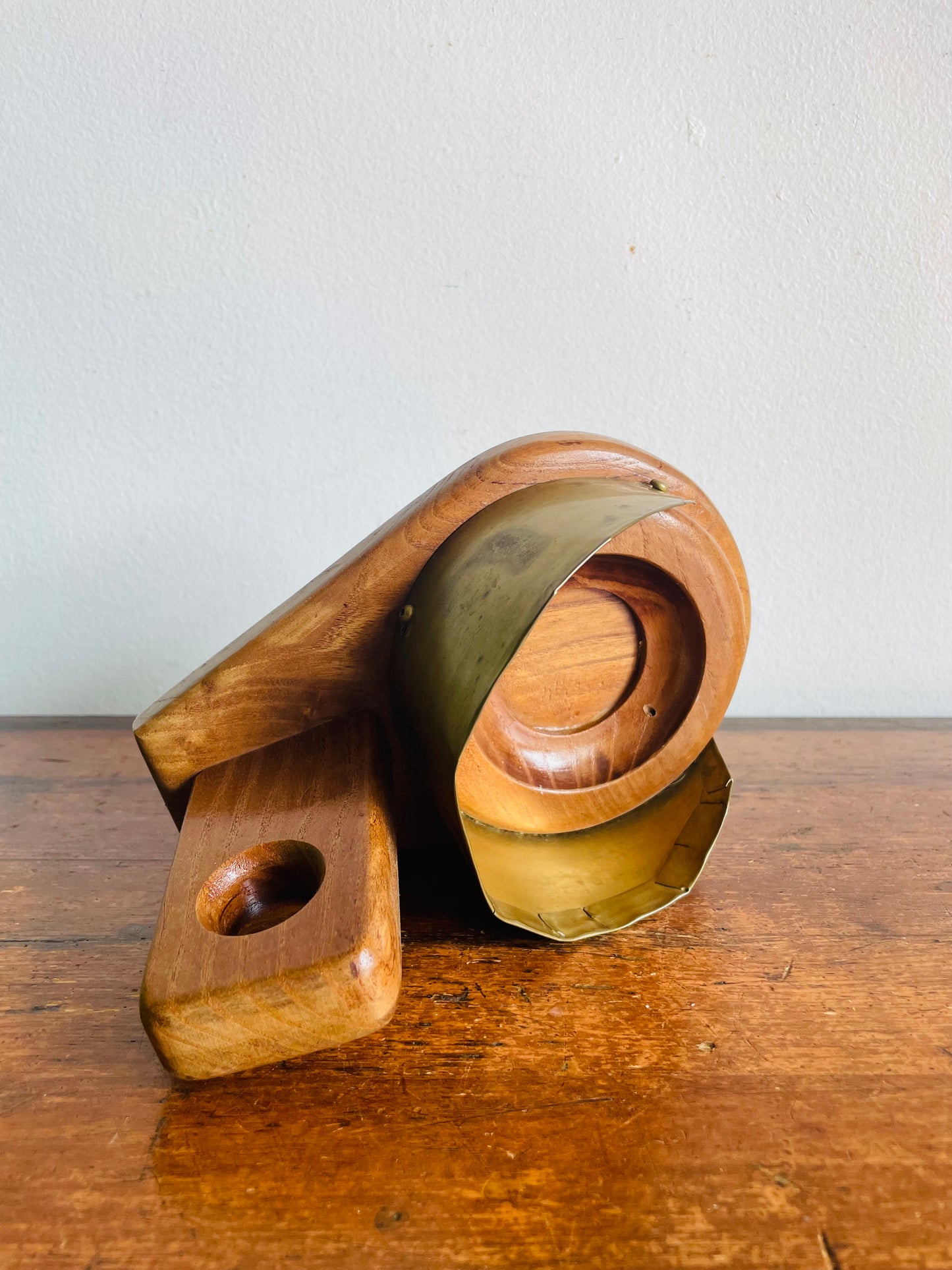 Vintage Brass & Wood Chamberstick Candle Holder Reflector - Pillar Candle or Tealight Candle