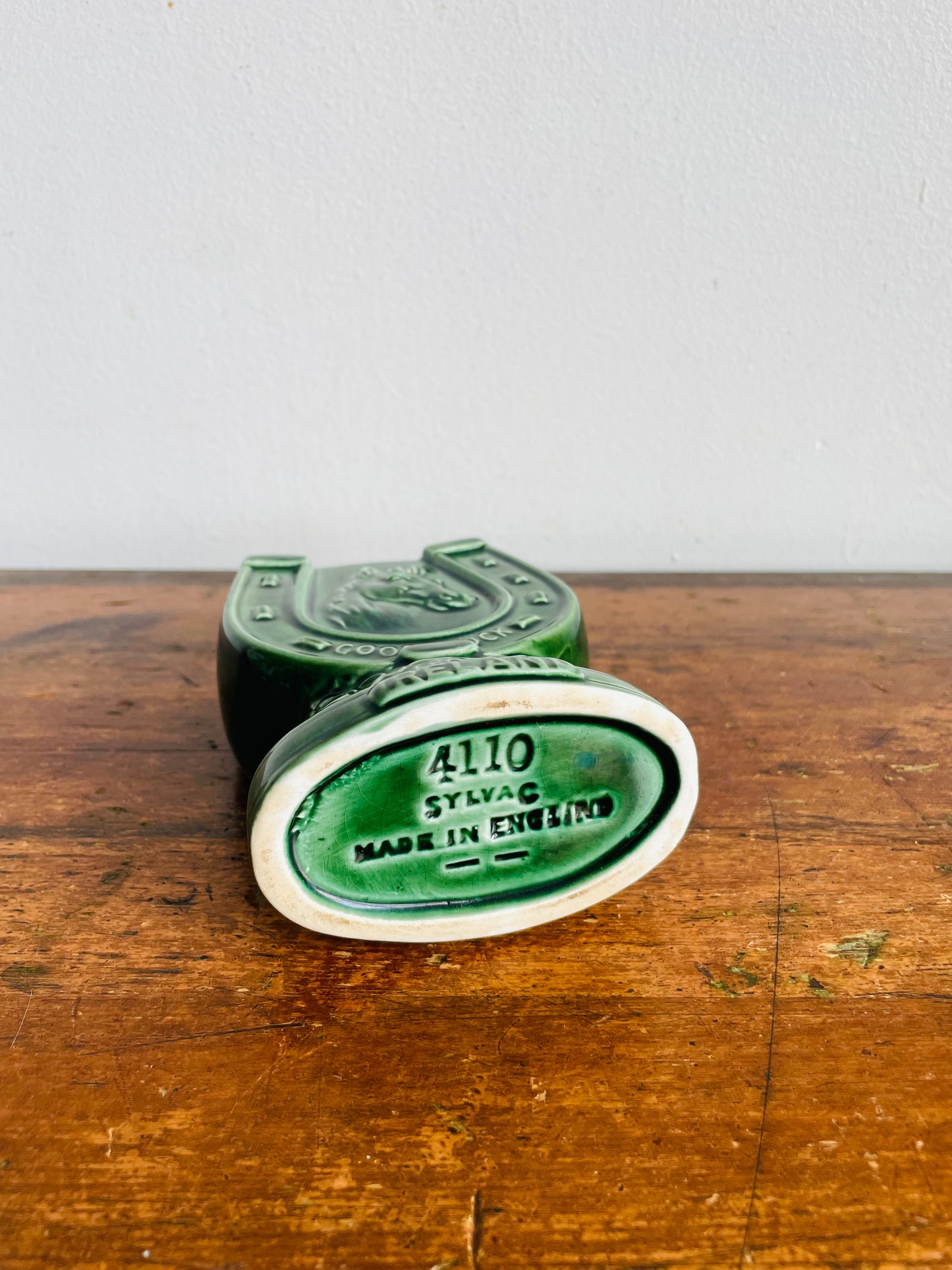 Vintage Green Sylvac 4110 Good Luck From Ireland Vase, Match, or Incense Holder with Horseshoe Horse Equestrian Design #2 - Made in England