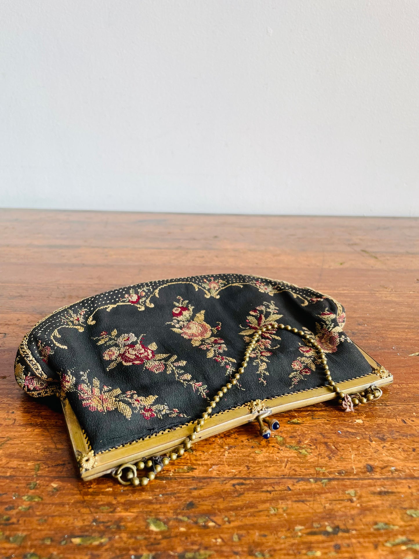 Delicate 1920s Black Evening Bag Purse on Brass Chain with Floral Petit Point Embroidery - Has Attached Coin Purse Inside