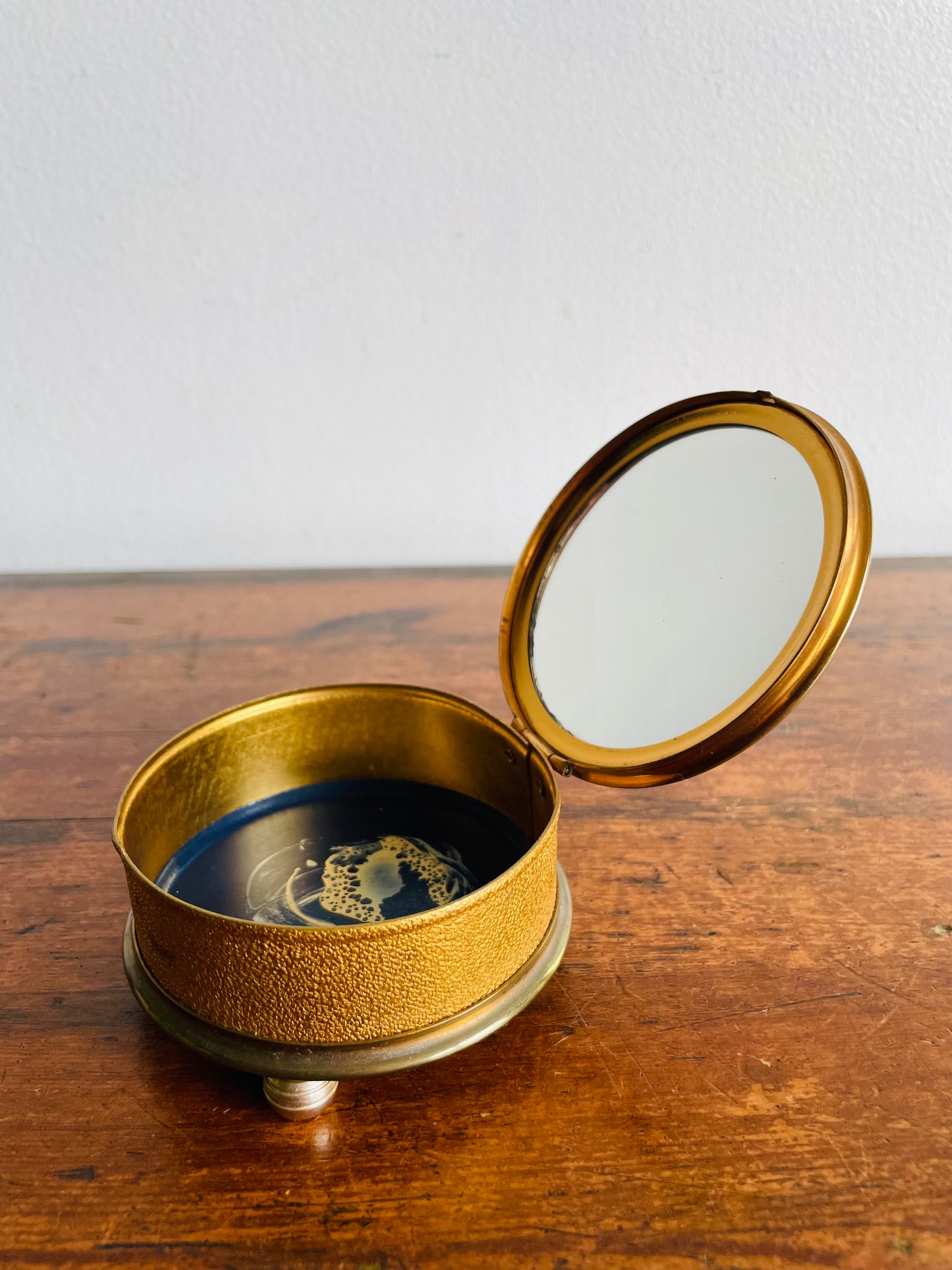 Footed Petit Point Embroidery Round Brass Trinket or Jewellery Box with Mirror Inside