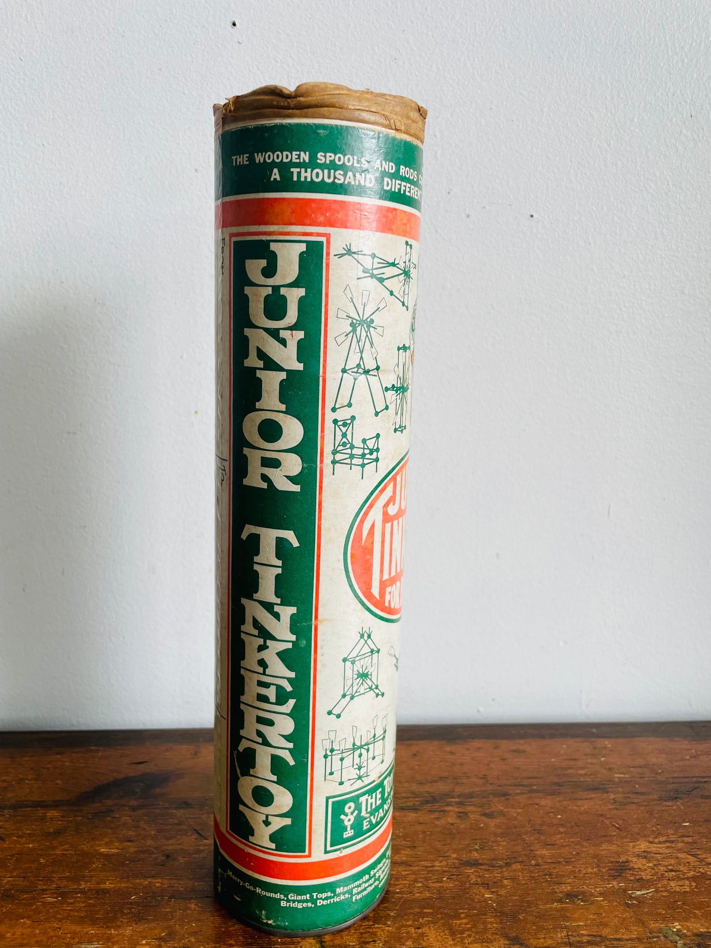 Vintage Junior Tinkertoy for Beginners Green Label Canister with Wood Building Blocks - Includes 42 Pieces
