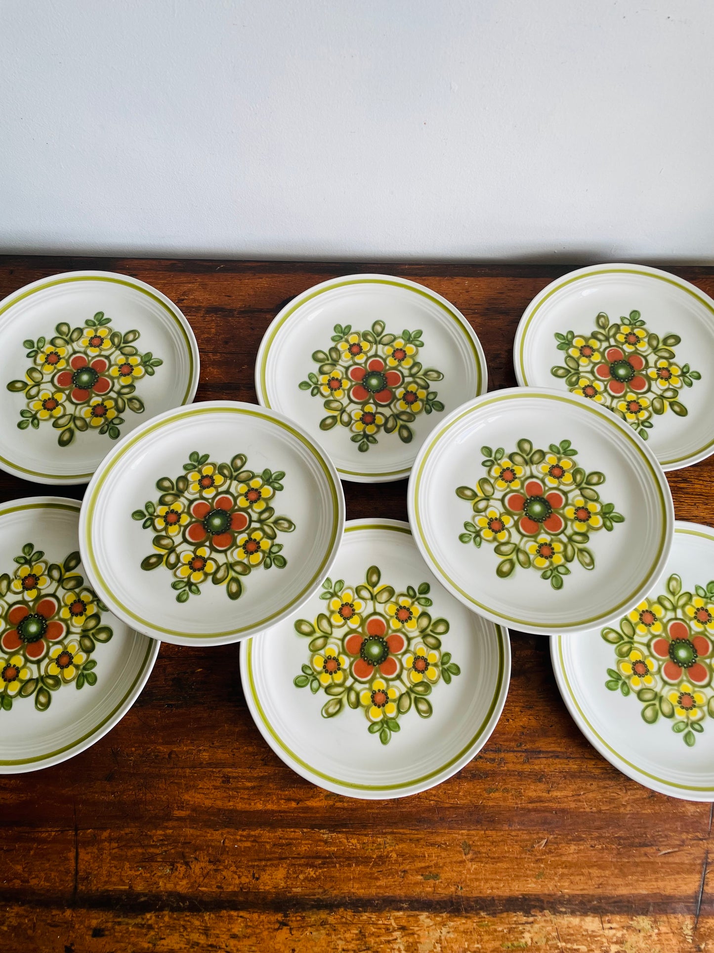 Vintage 10" Dinner Plates with Groovy Orange, Yellow & Green Flower Power Pattern - Set of 8 -  Made in England