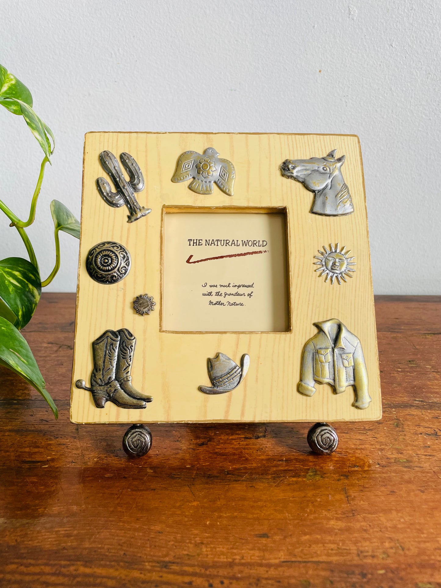Vintage Western Cowboy Equestrian Themed Picture Frame with Silver Boot, Hat, Jacket, Horse, Cactus & Bird Details - Easel Backing - The Natural World - Made in Thailand - 2.5" x 2.5" Photo Size
