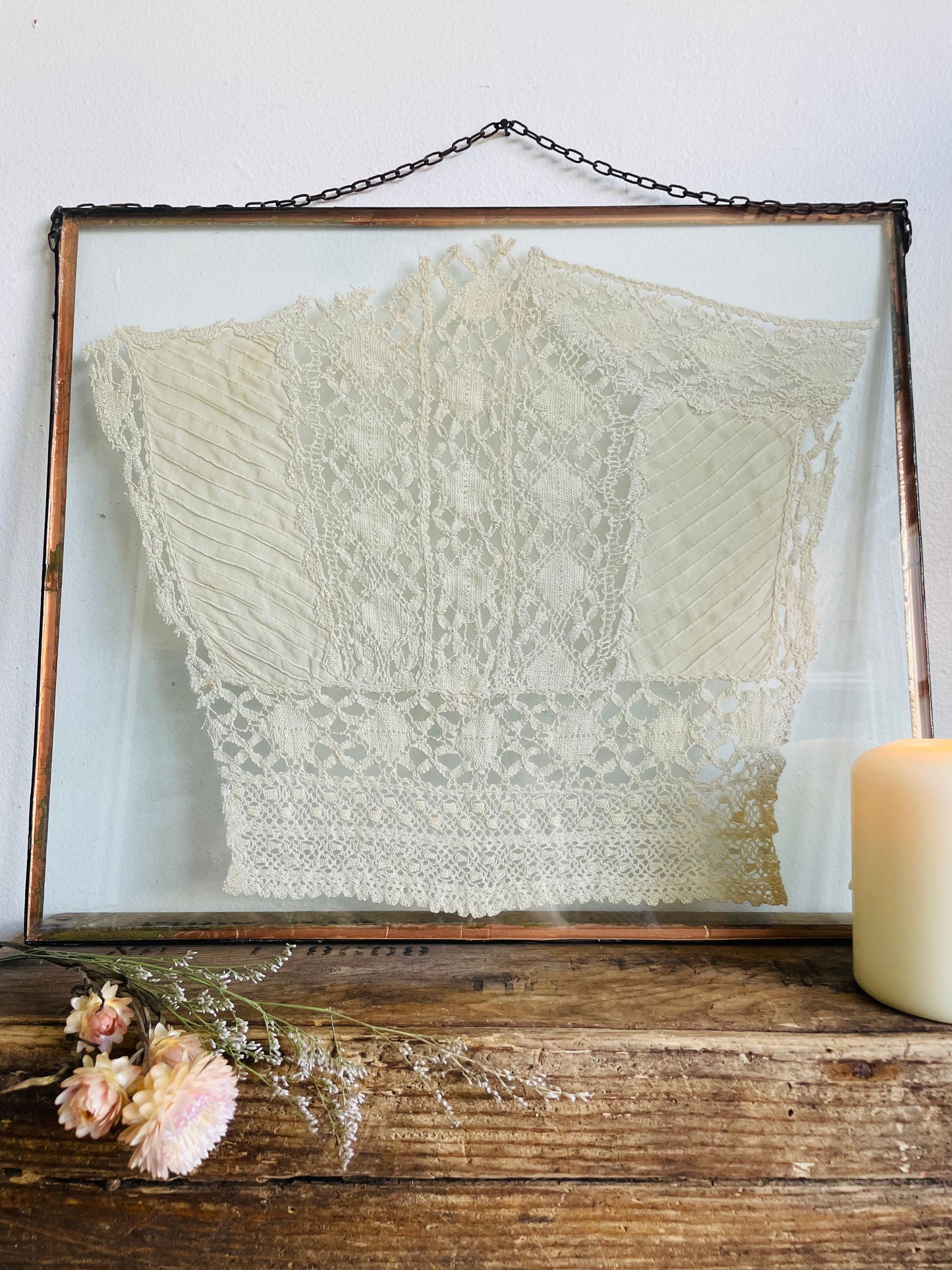 Antique Lace Bodice of Wedding Dress - Pressed & Sealed in Leaded Glass Frame - Chain for Hanging