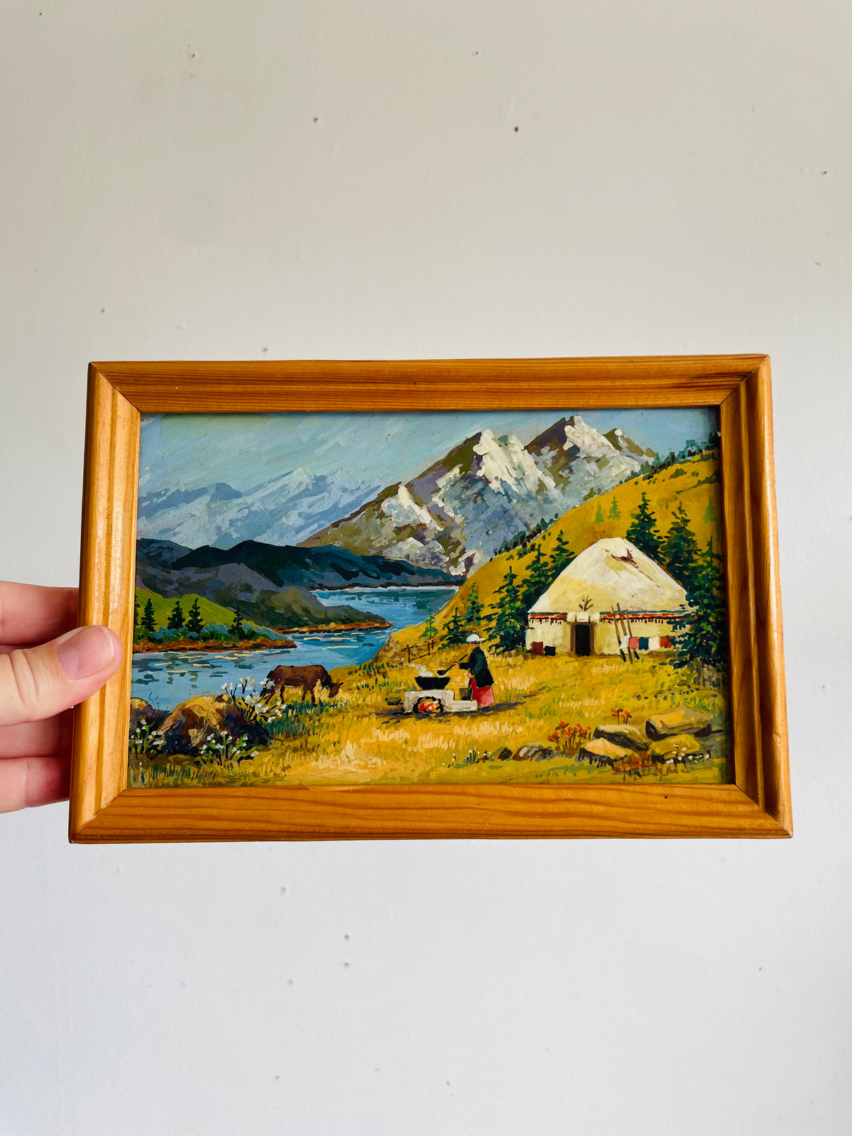 Vintage Original Art Painting Picture of Central Asian Landscape Scene - Yurt House, Mountains, Stream, Horse & Person Cooking Over Fire