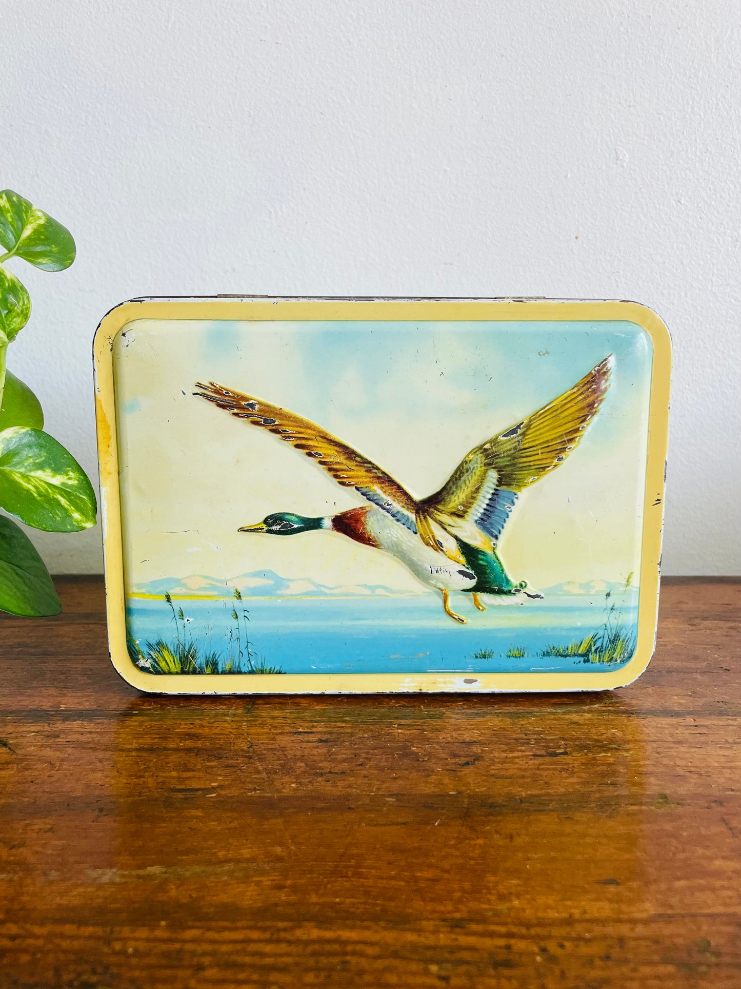 Vintage Tin Container with Flying Duck Bird Over Lake & Mountains Design - MacFarlane Lang & Co's Biscuits