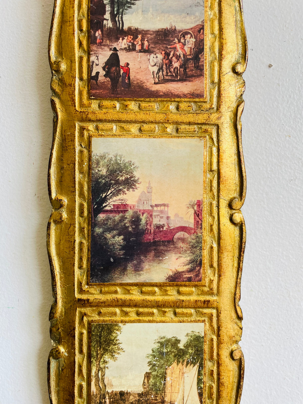 Vintage Italian Florentine Gold-Gilt Triple Landscape Wall Plaque Picture with European Art Print Scenes