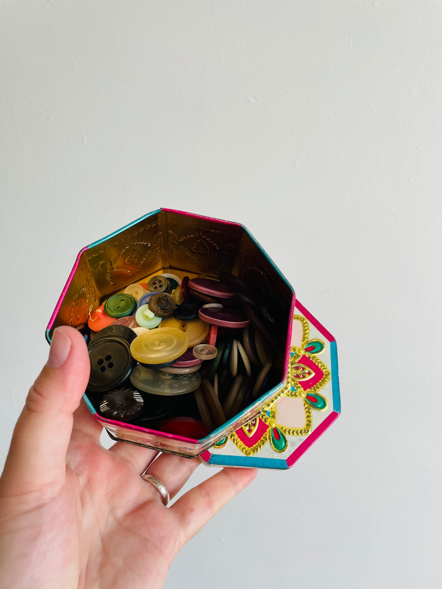Mystery Button Box - Bright & Fun Tin Container Full of Vintage Buttons
