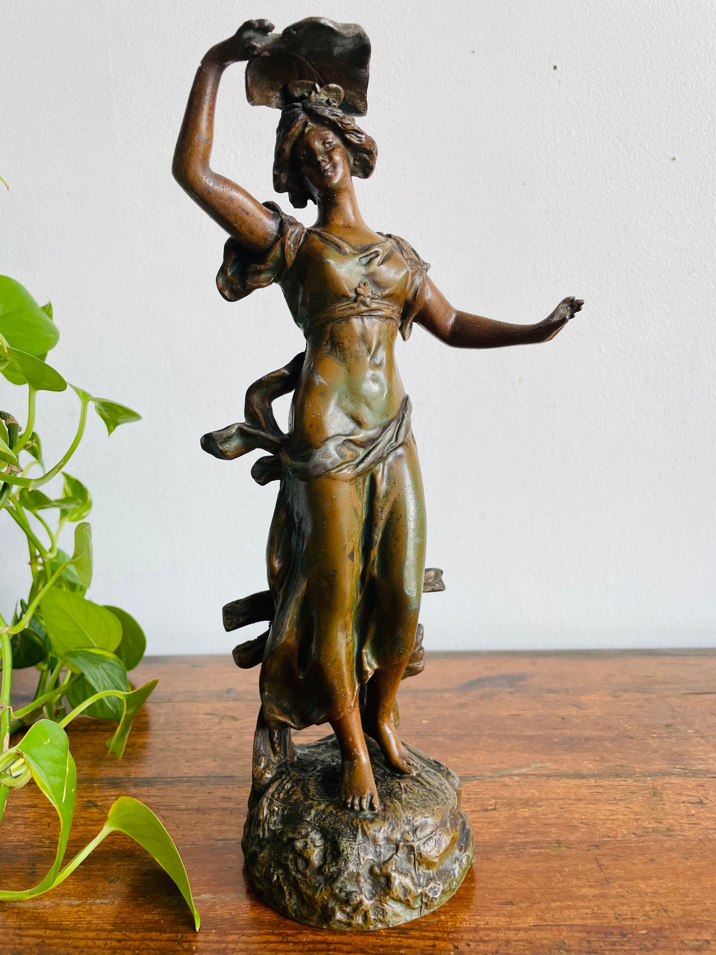 Vintage Art Nouveau Spelter Zinc Sculpture Statue with Bronze Patina - Playful Woman in Dress Frolicking with Leaf - Auguste Moreau Style - Please Read Note