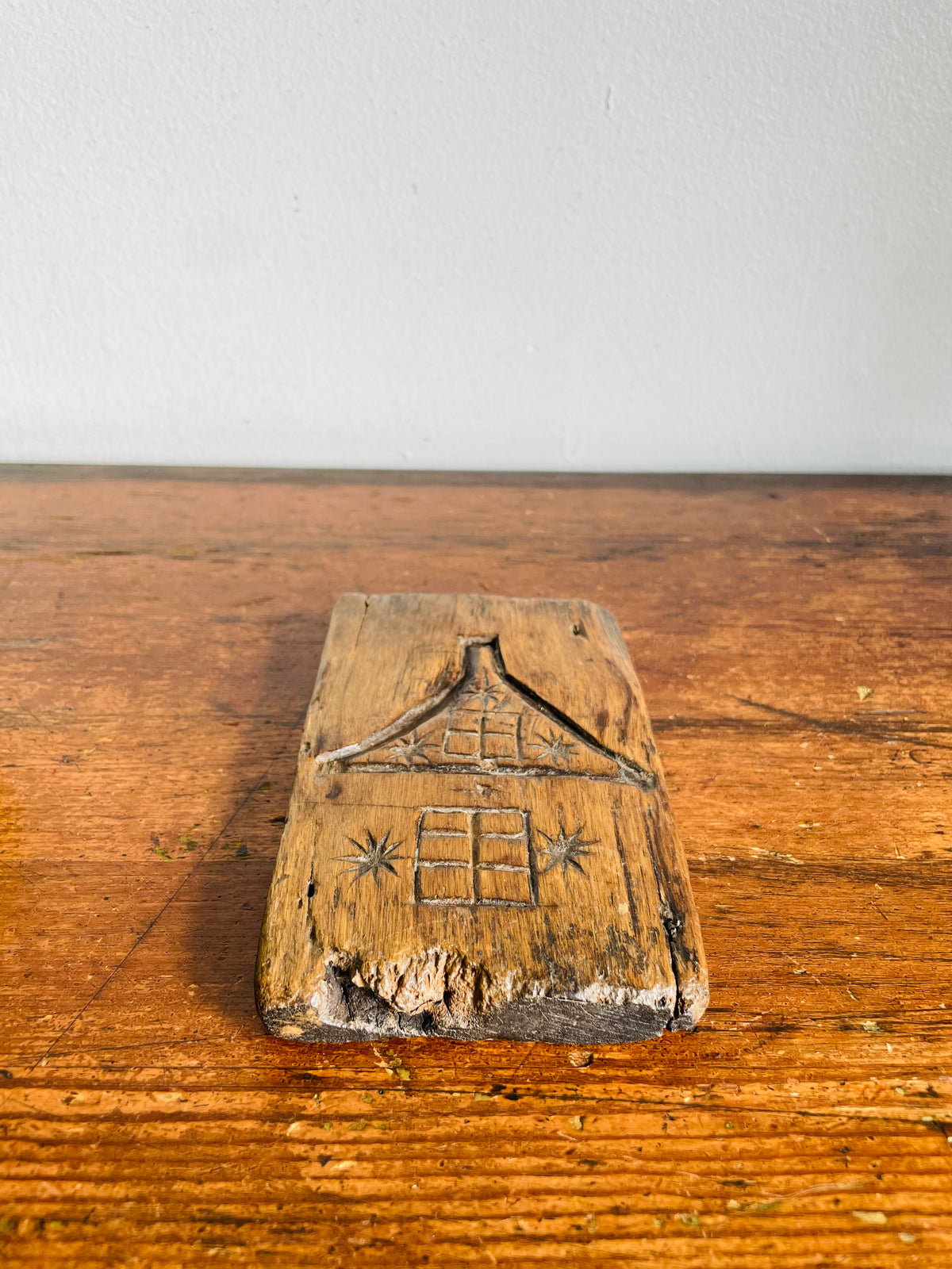 Vintage Hand Carved Wood Wall Plaque Picture of House With Chimney & Stars