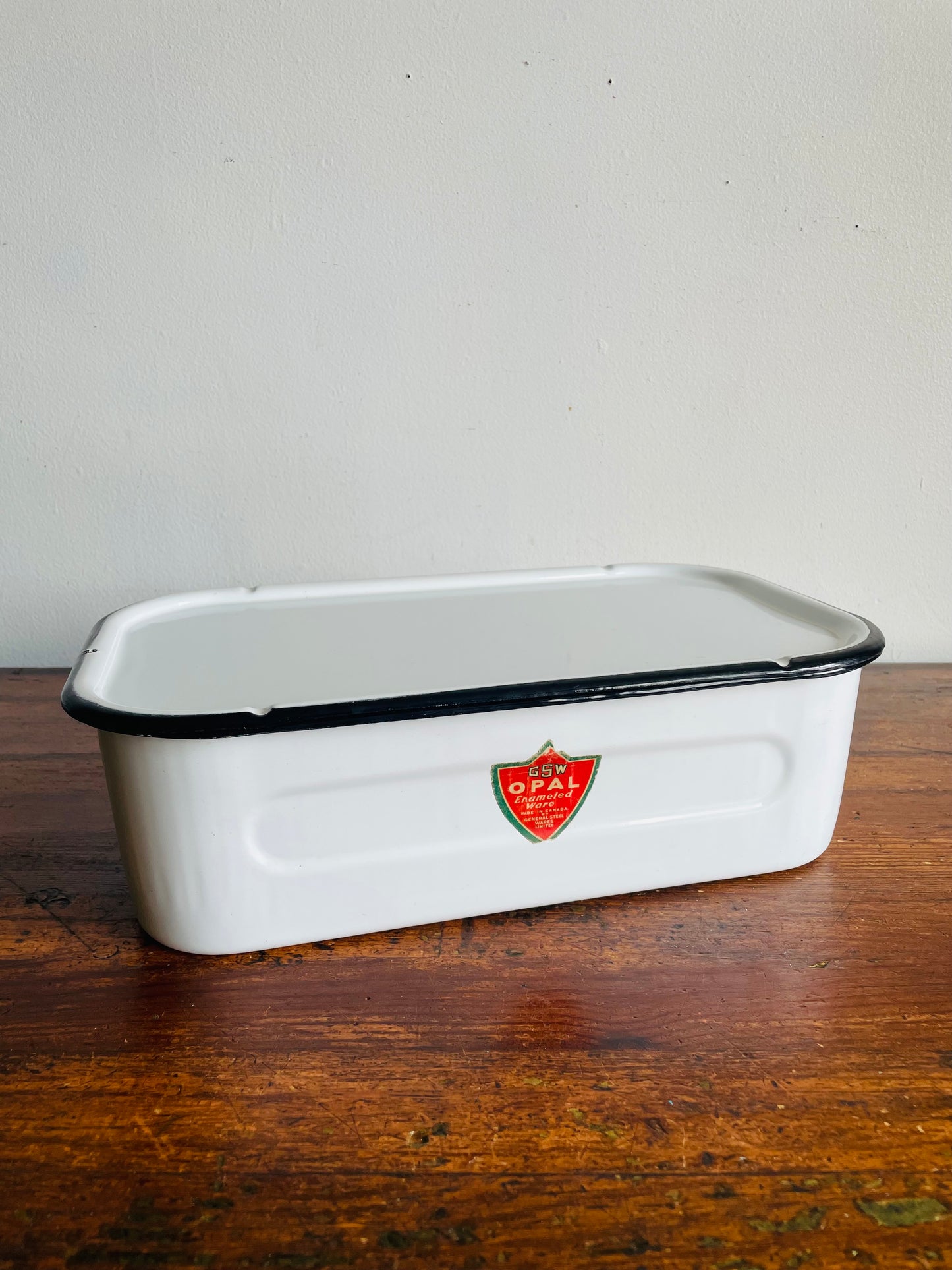 Vintage White with Black Trim GSW Opal Enamelware Refrigerator Box with Lid - Made in Canada by General Steel Wares Limited