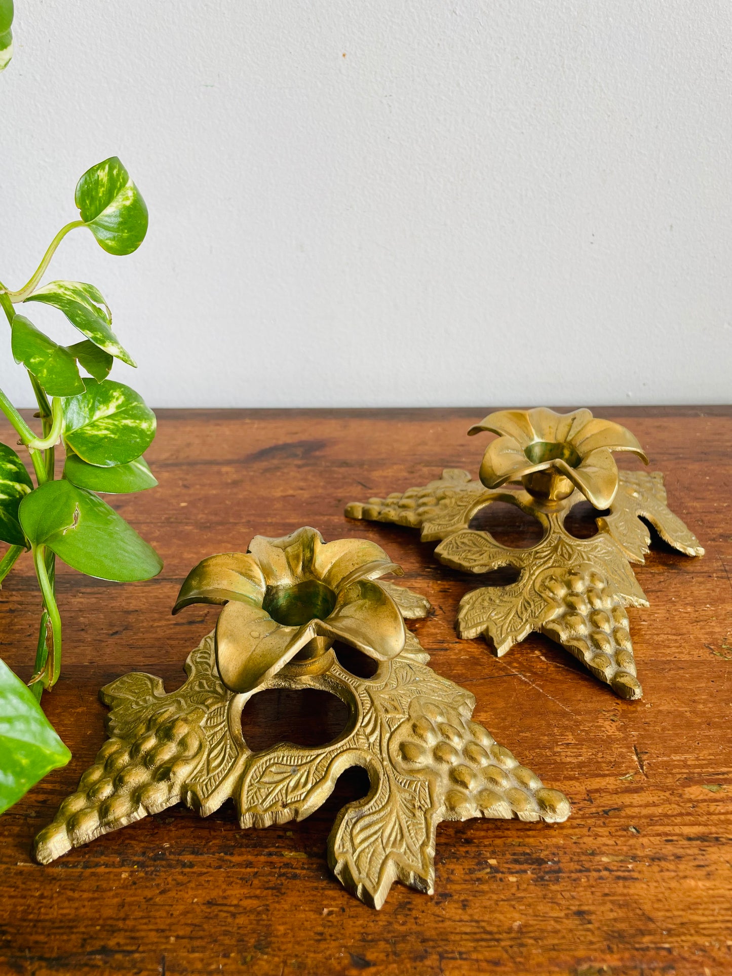 Vintage Solid Brass Candle Holders with Elaborate Grape & Leaf Design - Made in India - Set of 2