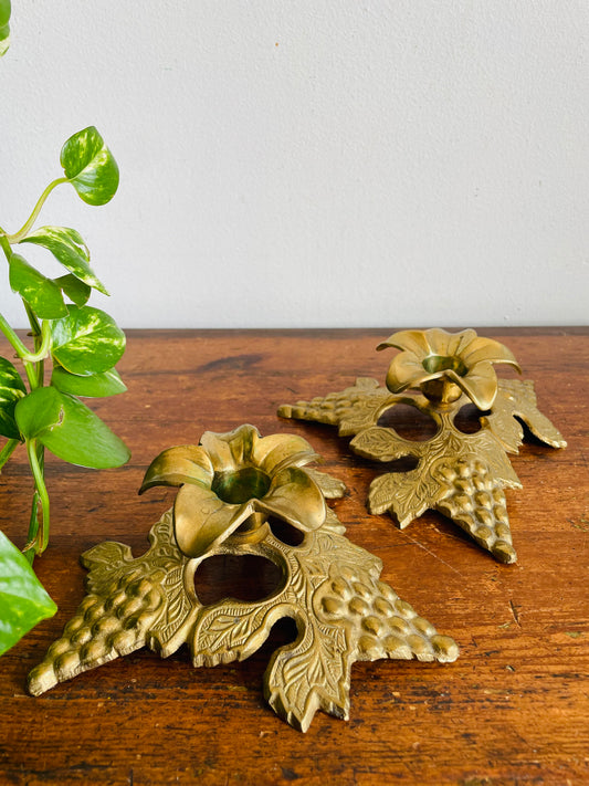 Vintage Solid Brass Candle Holders with Elaborate Grape & Leaf Design - Made in India - Set of 2