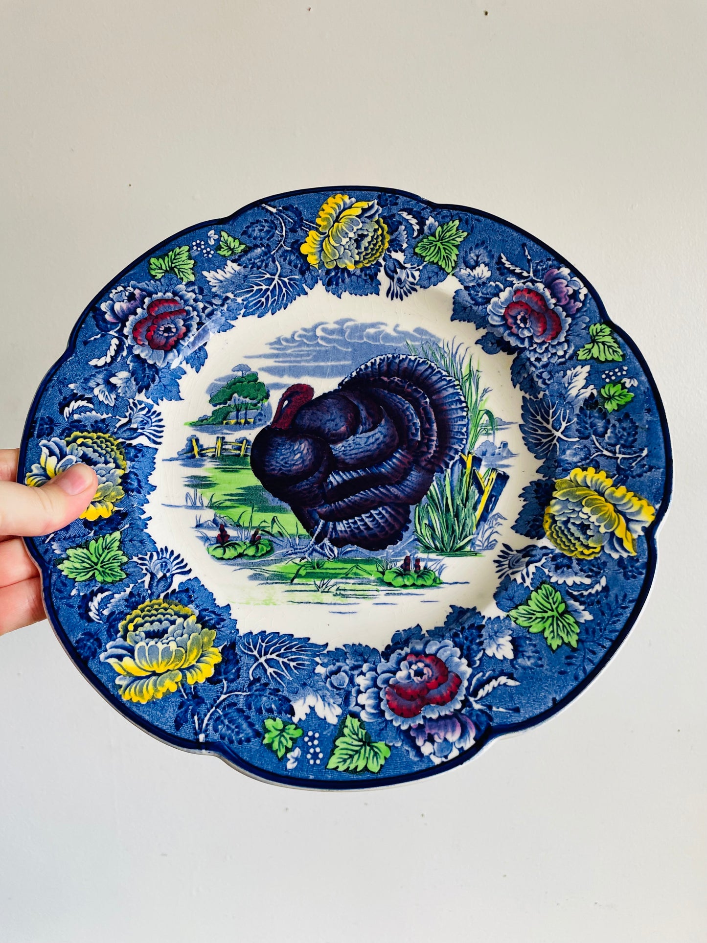 Vintage Wood's Burslem England Cobalt Blue Transferware 10.75" Turkey Plate