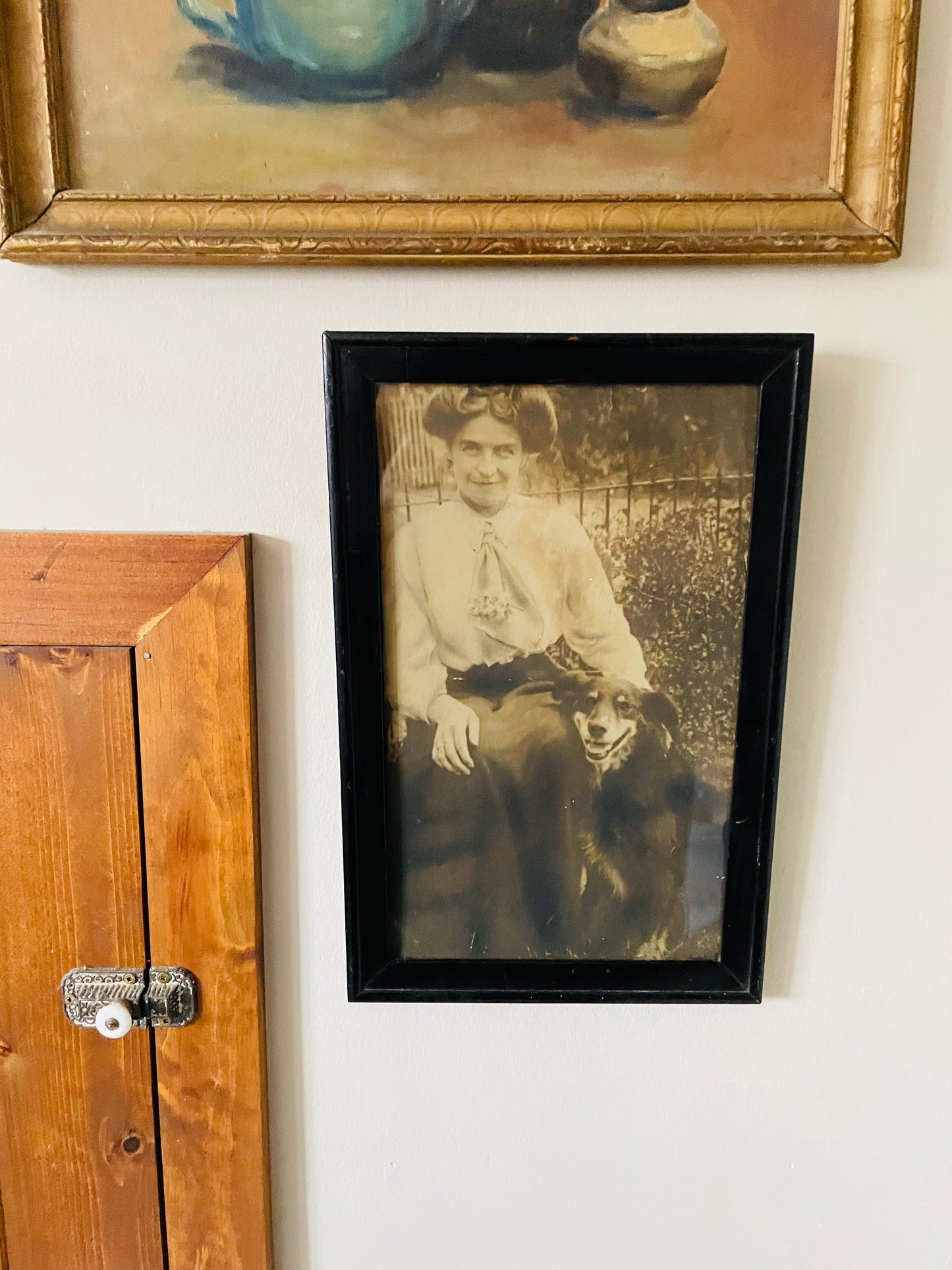 Antique Framed Sepia Photograph Picture of a Woman & Her Dog - Late 1800s / Early 1900s