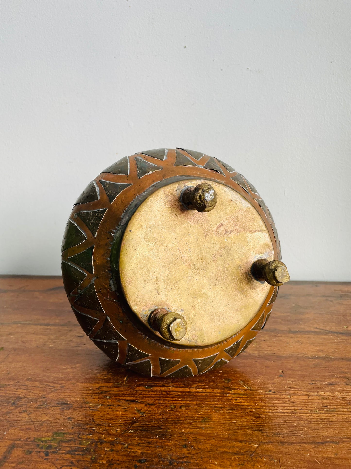 Vintage / Possibly Antique Turkish Hammered Copper Cauldron Pot with Brass & Mixed Metal Geometric Design & Swing Handle - Makes a Great Planter!