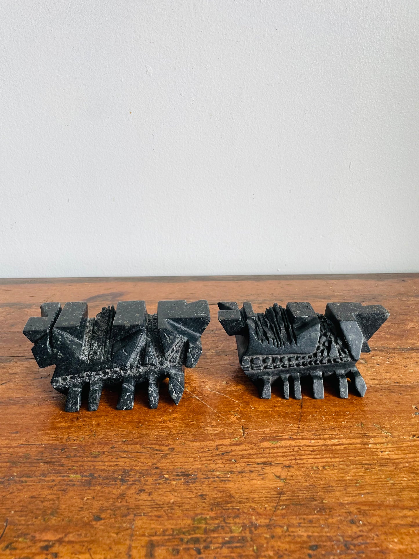 Vintage Carved Soapstone Bookends with Futuristic Abstract Design - Set of 2